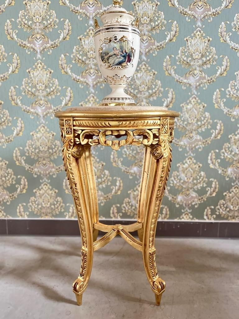 CasAmin Home & Living Tavolino rotondo in legno stile retrò barocco realizzato a mano con piano in marmo, tavolino da tè per decorazione soggiorno
