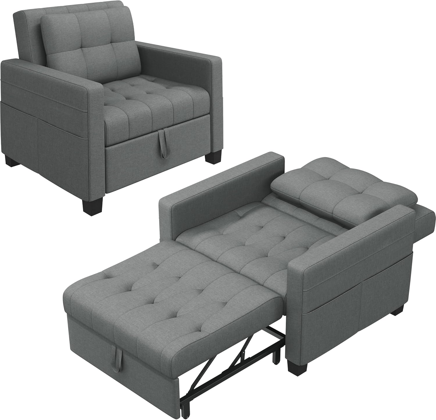 Yaheetech Divano Letto 3 in 1 Imbottito Divanetto Singolo con Schienale Regolabile Divano a 1 Posto per Soggiorno Camera da Letto Poltrona Pieghevole Ufficio Appartamento Grigio Chiaro