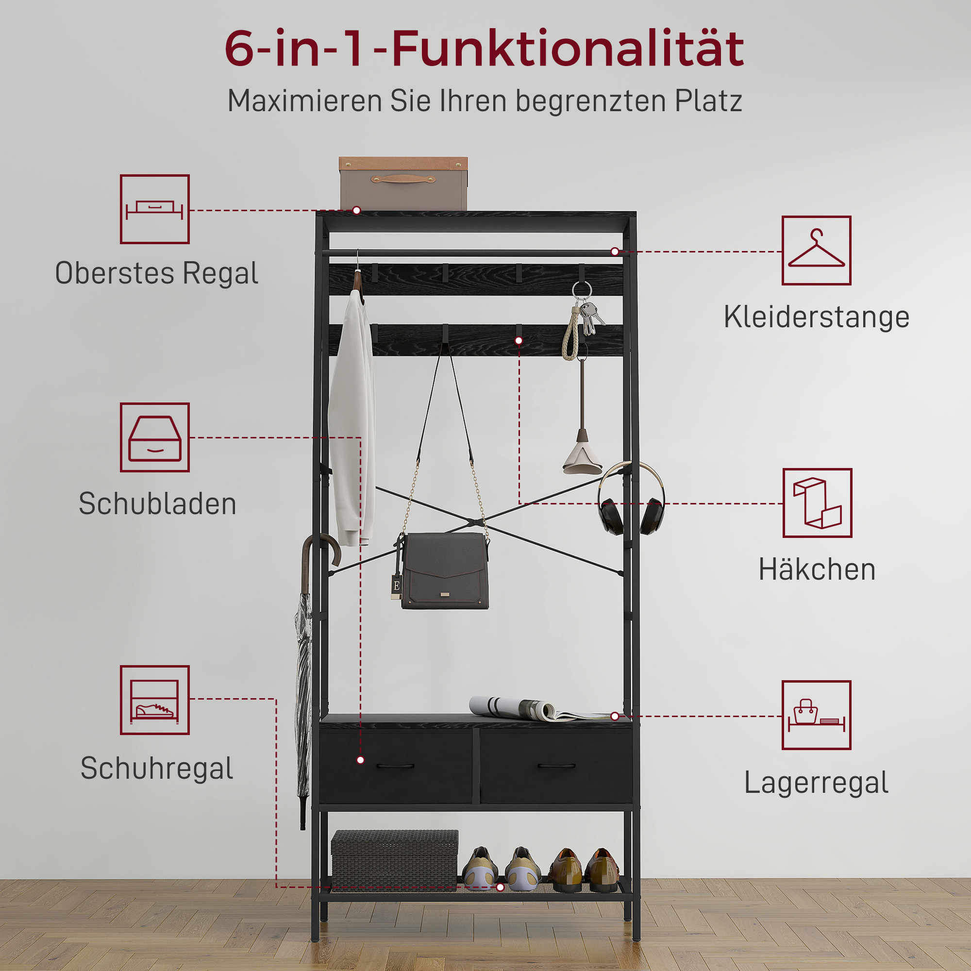 Kapstok met Schoenenrek in Industri?le Stijl, Kledingrek met 2 Stoffen Lades, 8 Haken, Metalen Frame, Zwart