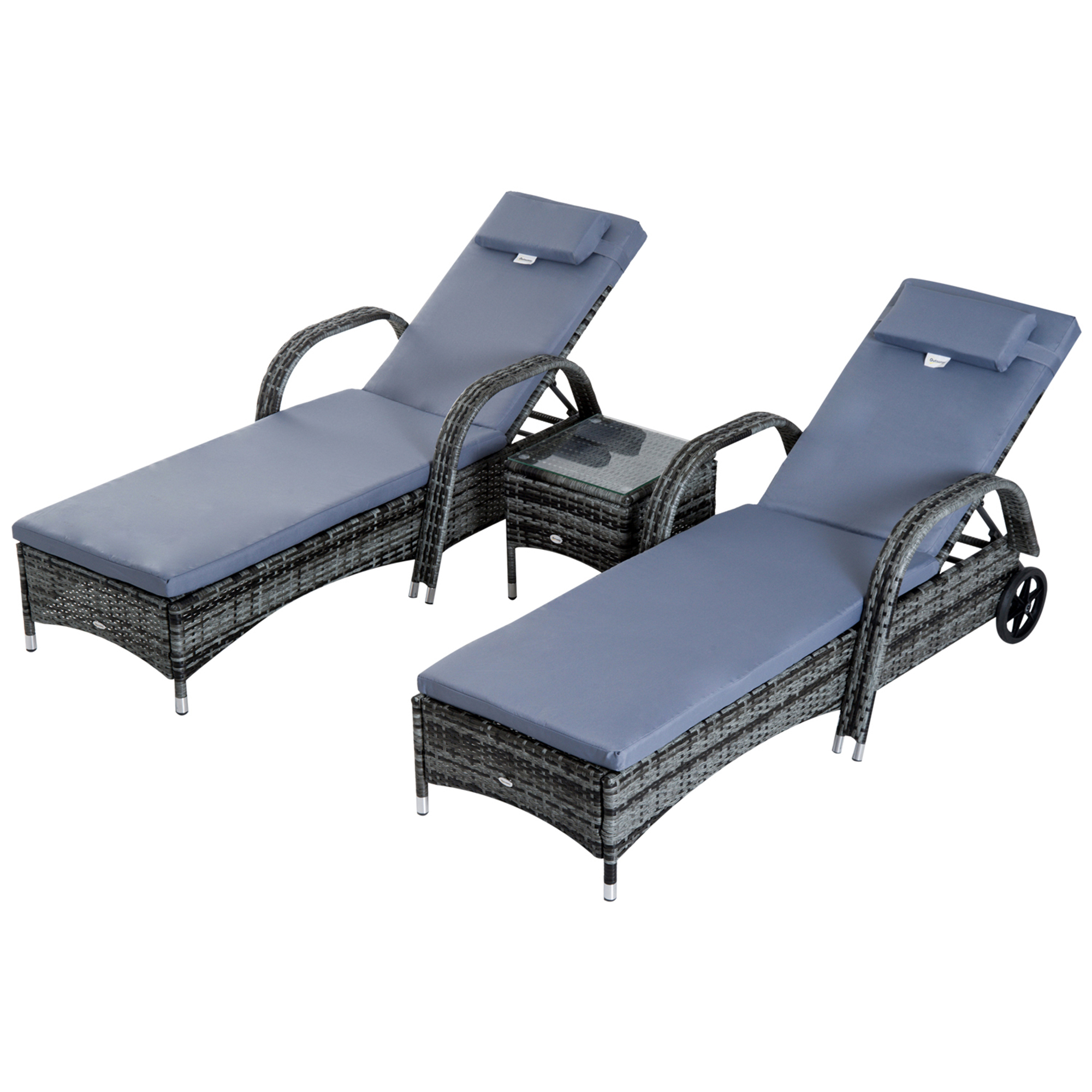 Outsunny Sonnenliege Gartenliege Tisch 3er-Set Gartenmöbel, Polyrattan+Metall Grau