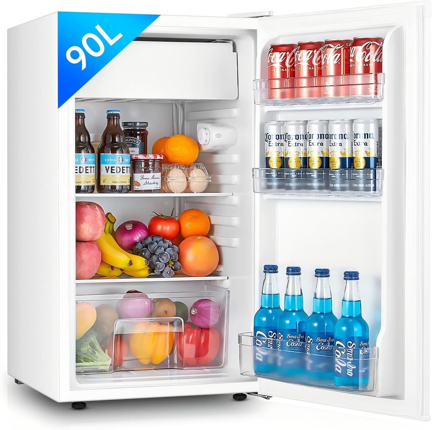 FOHERE Frigorifero Piccolo 91L con Freezer, Frigorifero Monoporta, Silenzioso, 7 Termostato Regolabile, Scomparto per Verdure, Mini Frigo da Ufficio, Camera, Bianco
