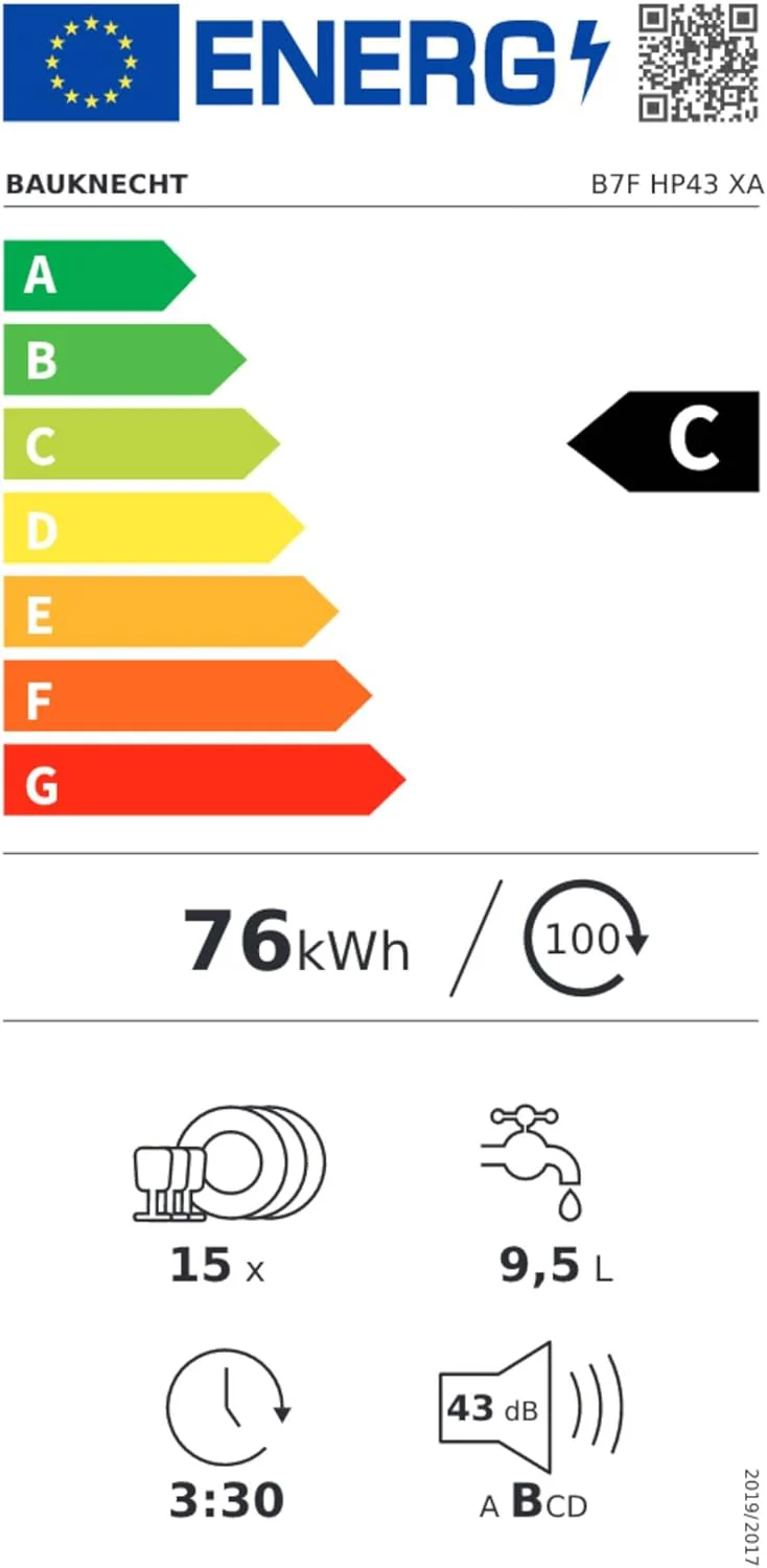 Bauknecht B7F HP43 XA Vrijstaande vaatwasser/ 60 cm/ 15 couverts/ PowerClean Pro-Effectieve hogedruksproeiers/ Natural Dry-Automatische deuropening-Betere droging/ Maxi Space-Meer binnenruimte