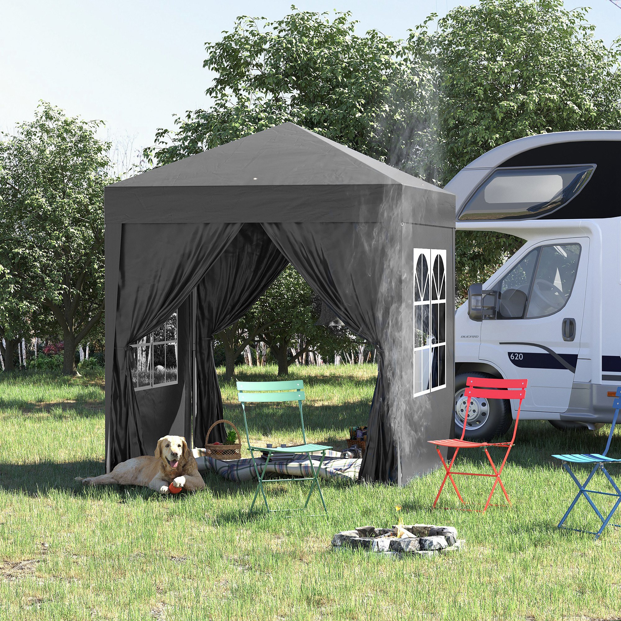Outsunny Faltpavillon, Bierzelt, 4 abnehmbare Seitenwände, 2 Fenster, Metallrahmen, 2 x 2m, Schwarz
