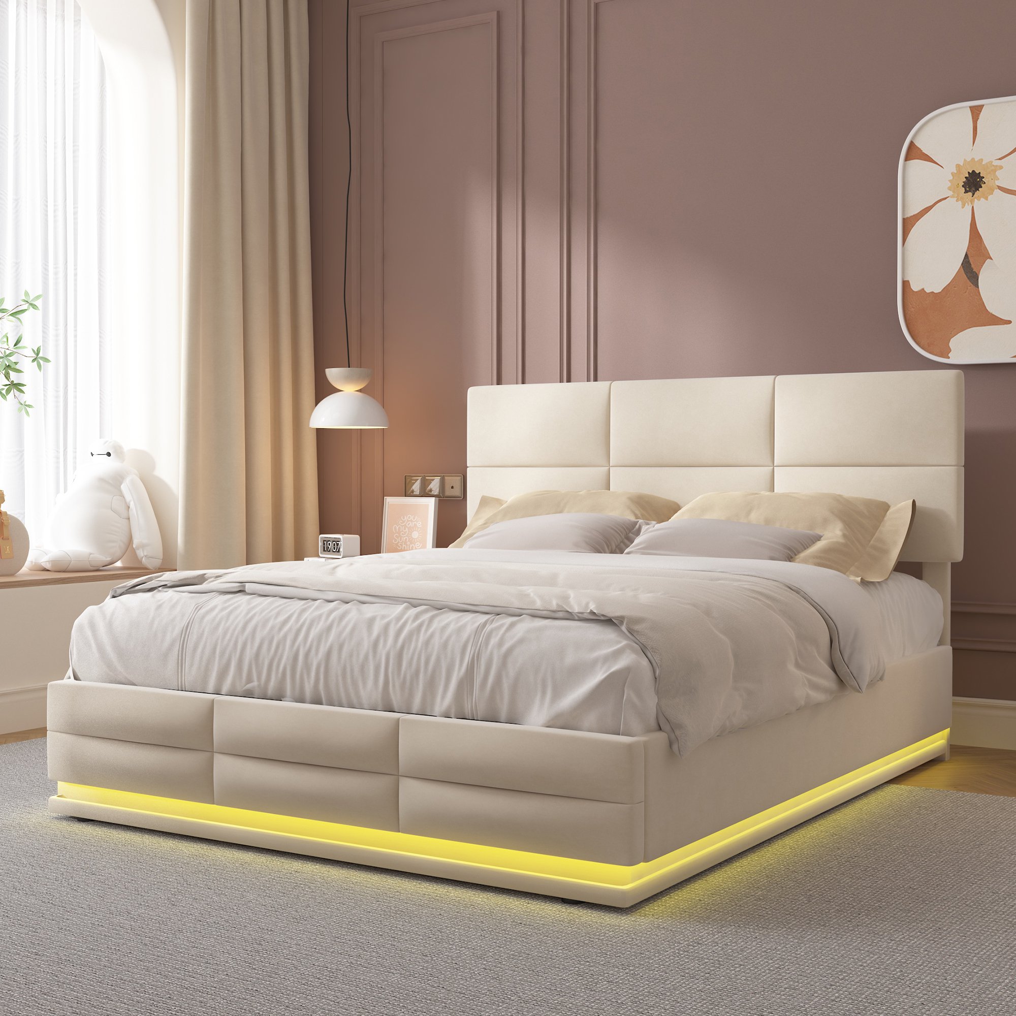 Doppelbett mit Stauraum, LED-Beleuchtung, USB-Ladegerät, 160x200 cm, Samtstoff, Modernes Bett für Familie, Beige