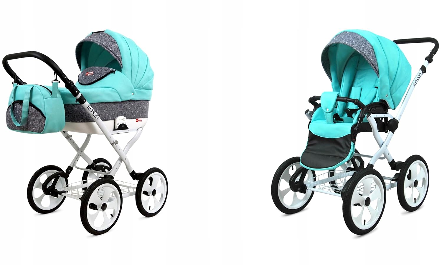 BabyLux® Bambimo Kinderwagen Set 2 in 1 - Rosso - incl. Babywanne, Buggy Sportsitz - Kinderwagenset - Kombikinderwagen mit Wickeltasche, Regenschutz, Moskitonetz, Cupholder usw.