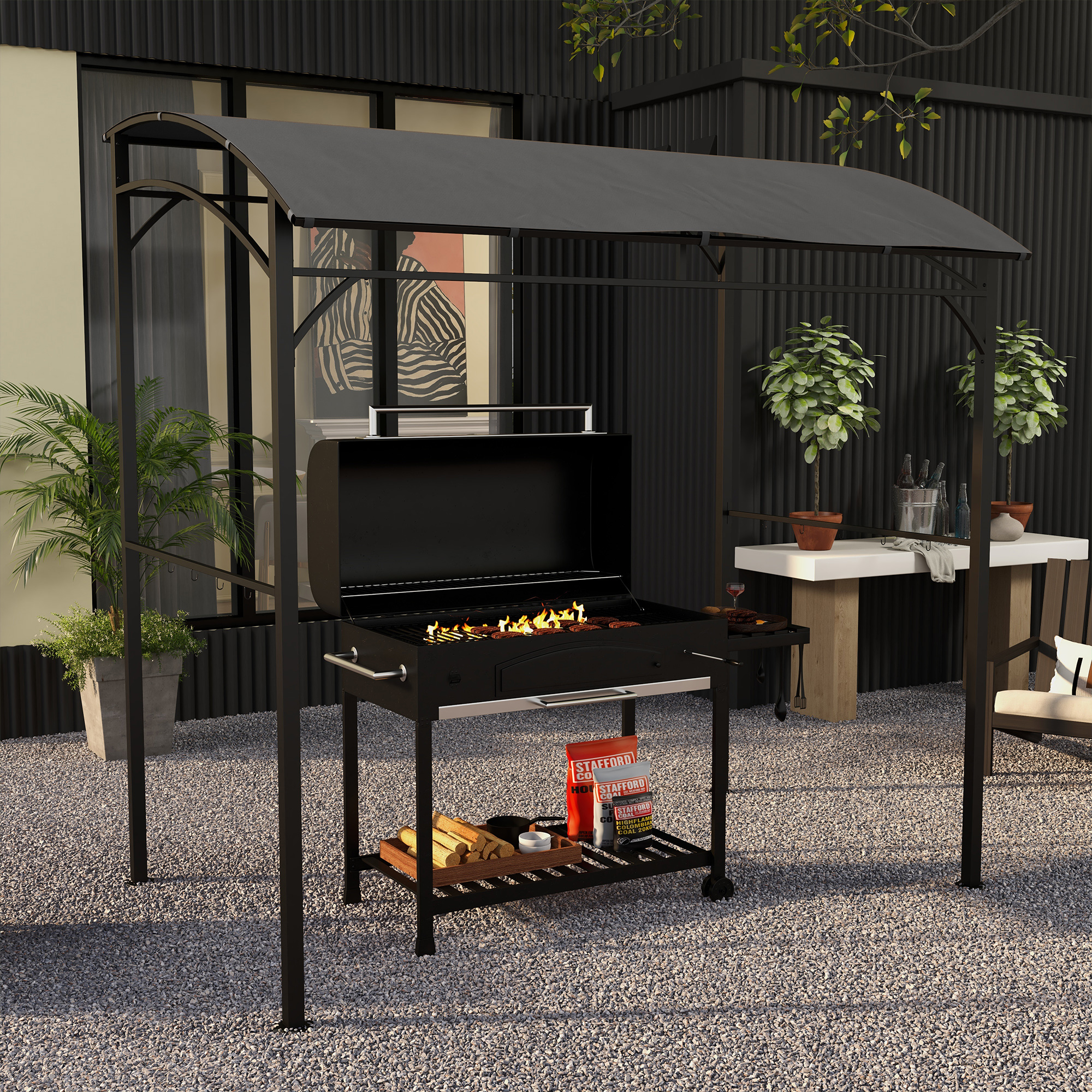 Outsunny Grillpavillon, Grillüberdachung, Regenschutz, Haken für Utensilien, Stahlrahmen, Dunkelgrau, 215 x 150 x 182/220 cm
