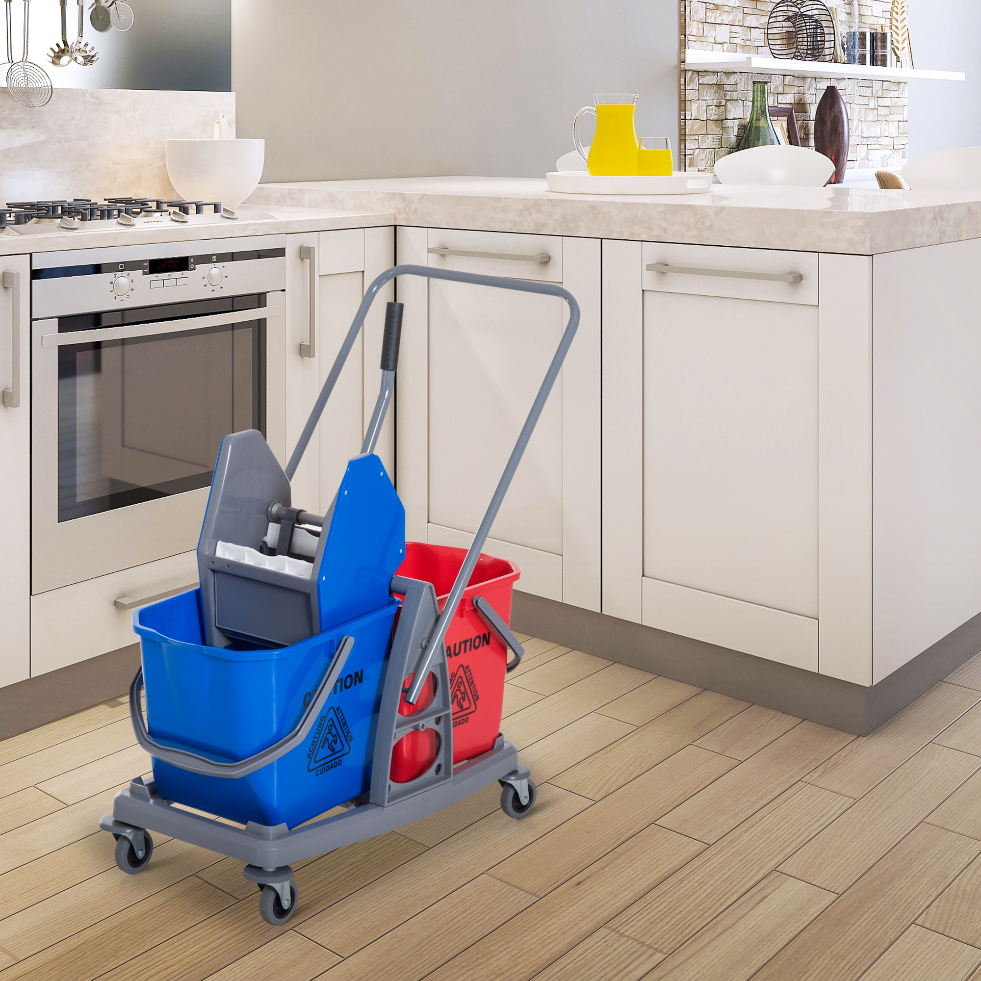 HOMCOM Putzwagen Reinigungswagen Wischwagen mit 2 Eimern Systemwagen mit 4 leichtgängigen Rollen Metall+PP Blau+Rot 73 × 45 × 92 cm