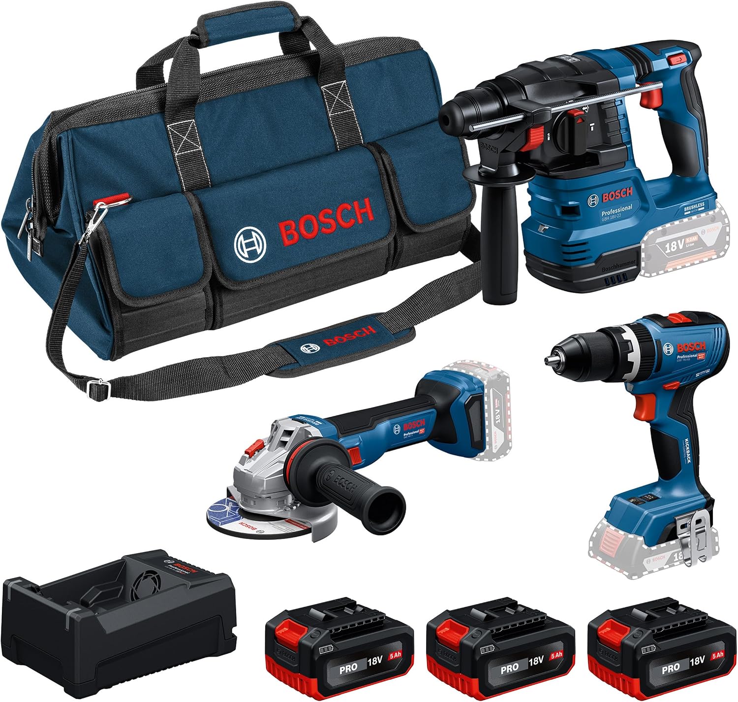 Bosch PRO 18V System Combo-Kit: GSB 18V-65, GBH 18V-22, GWS 18V-11, GAL 12V/18V-80, 3x GBA 5.0Ah, M-BAG