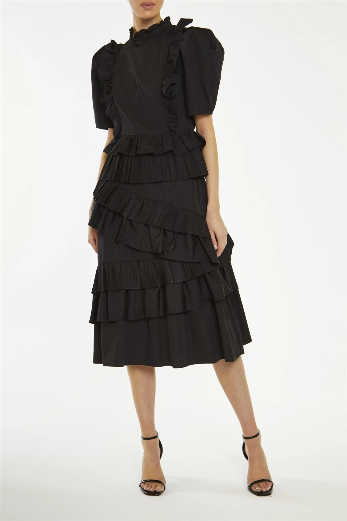 Delilah Black Puff-Sleeve Midi-Dress