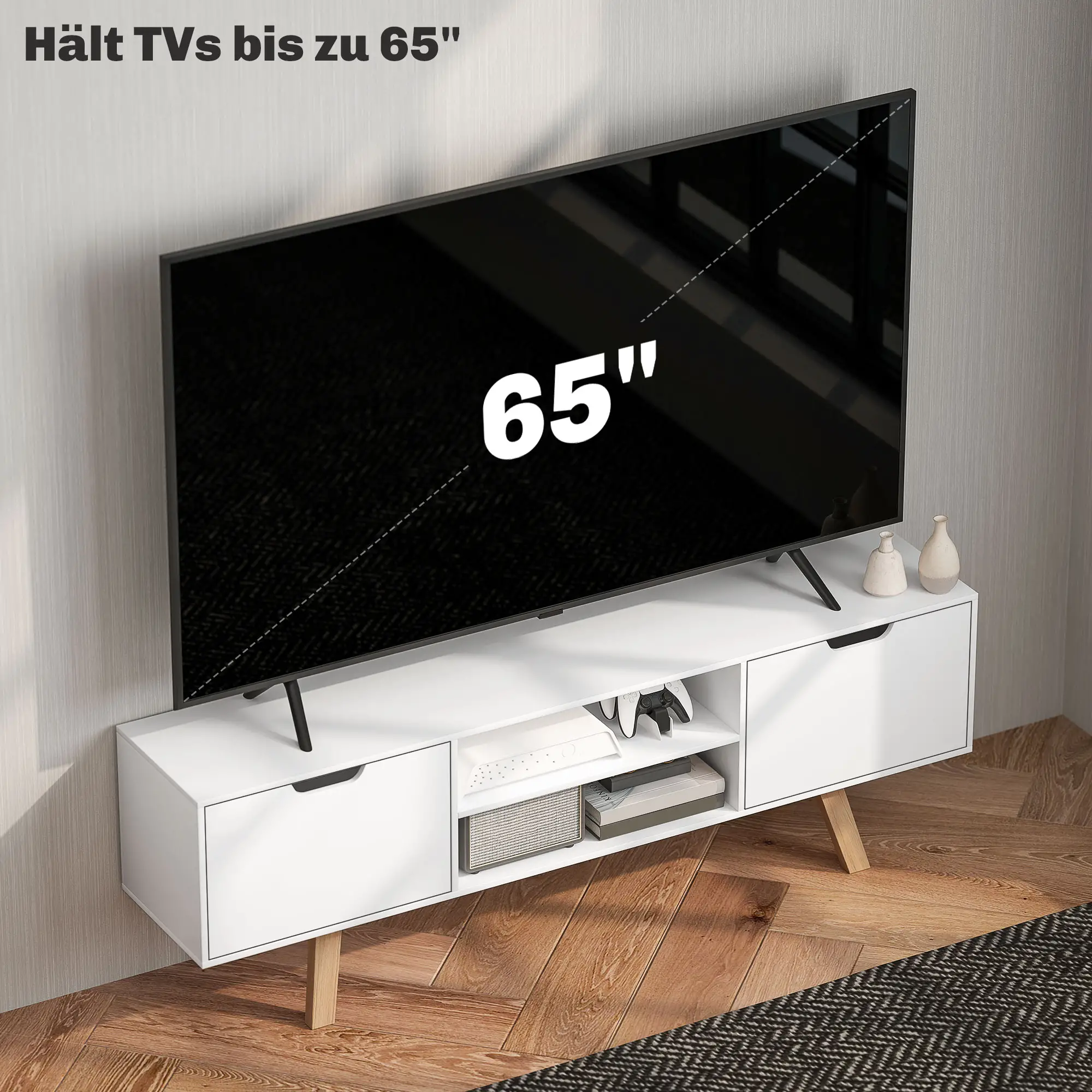 HOMCOM TV-meubel 65 inch met kabelbeheer en 2 kasten Wit