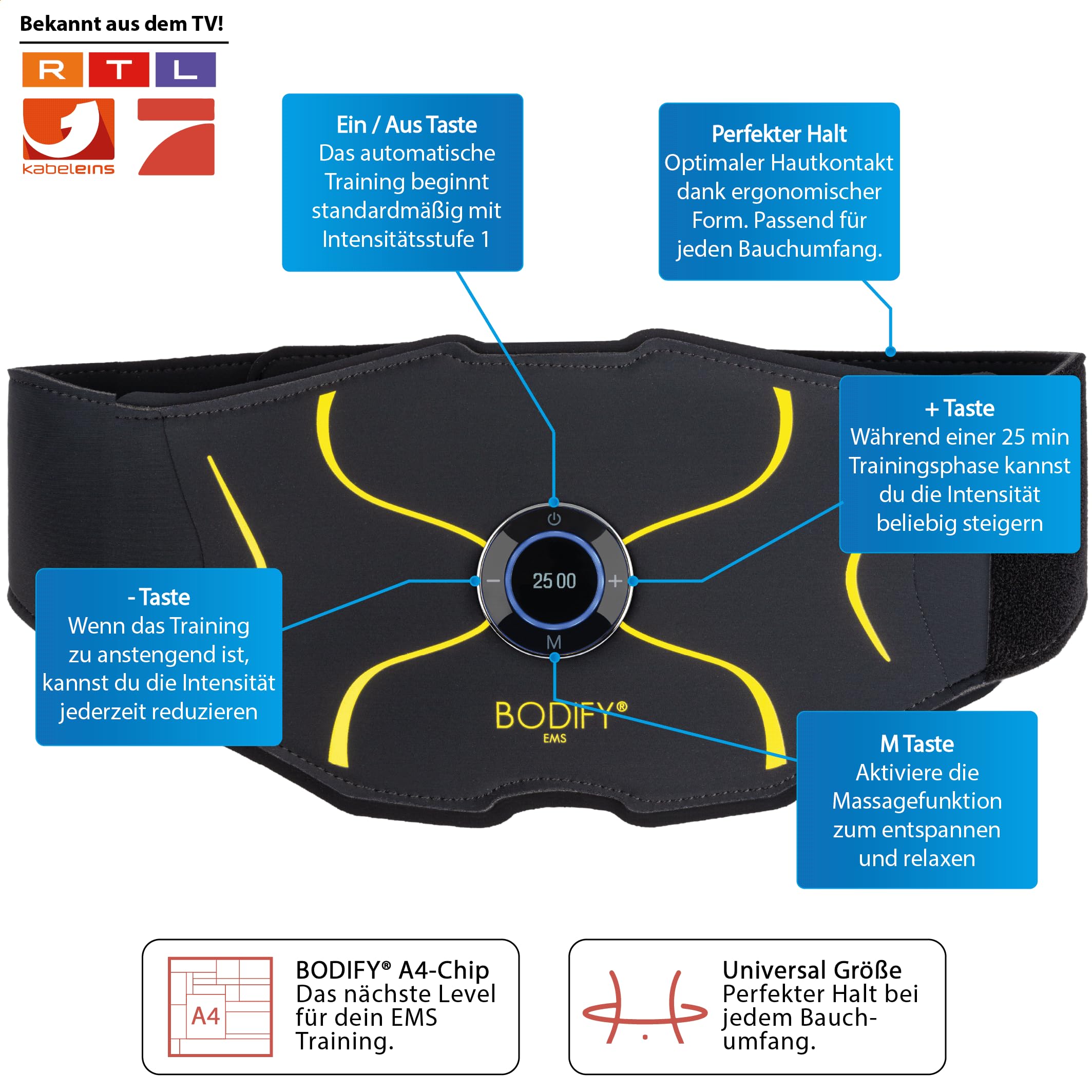 Bauchtrainer Max mit A4-Chip für gezielte Muskelstimulation und Bauchmuskeltraining
