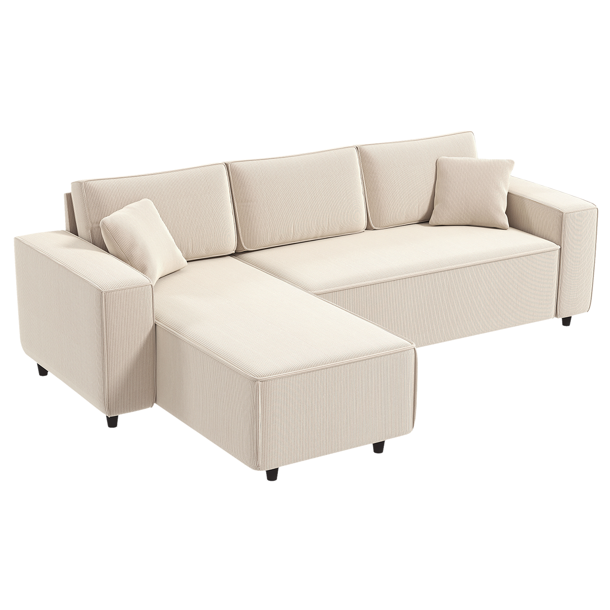 HOMCOM 3-Sitzer-Sofa mit Chaiselongue, Wohnzimmercouch mit Cordbezug, 2 Extra-Kissen, Polstersofa, Cremeweiß