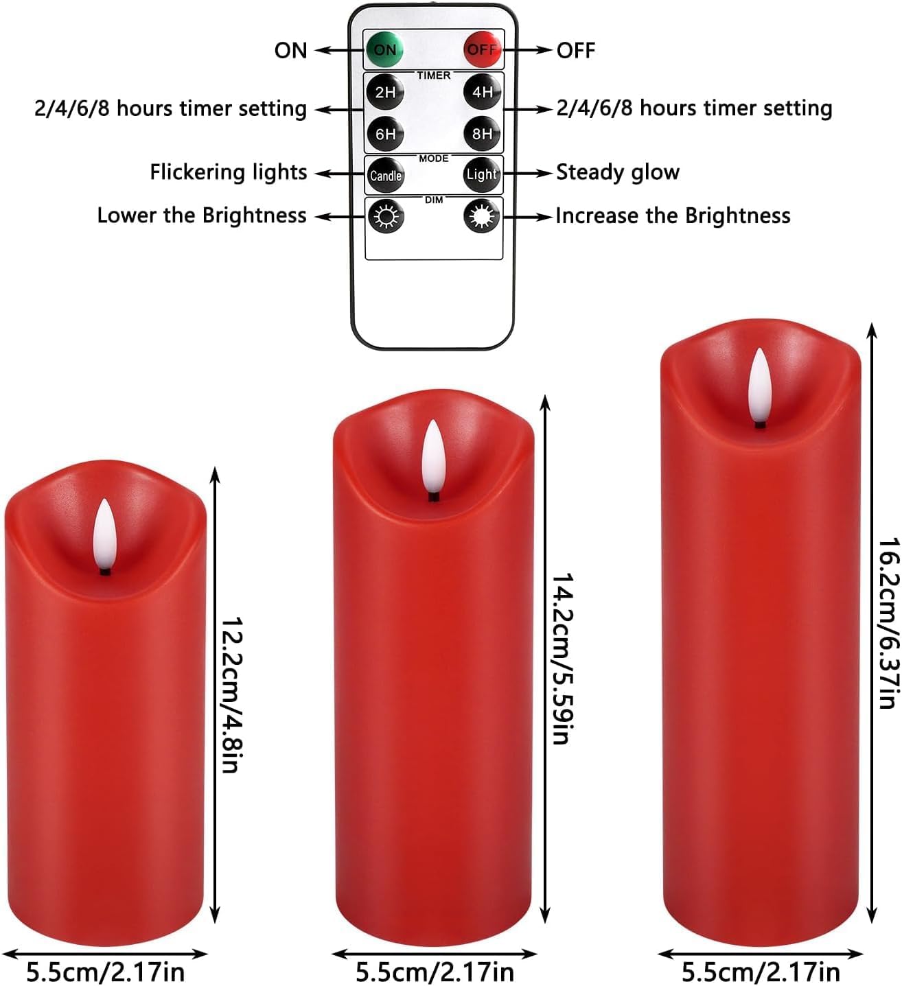 Flackernde flammenlose LED-Kerzen, batteriebetriebene Stumpenkerzen mit Fernbedienung, für Neujahr, Heimdekoration, Partys, Hochzeiten, 24 Stück (T 5 x H 12,7 cm, 15,2 cm, 17,8 cm, Rot)