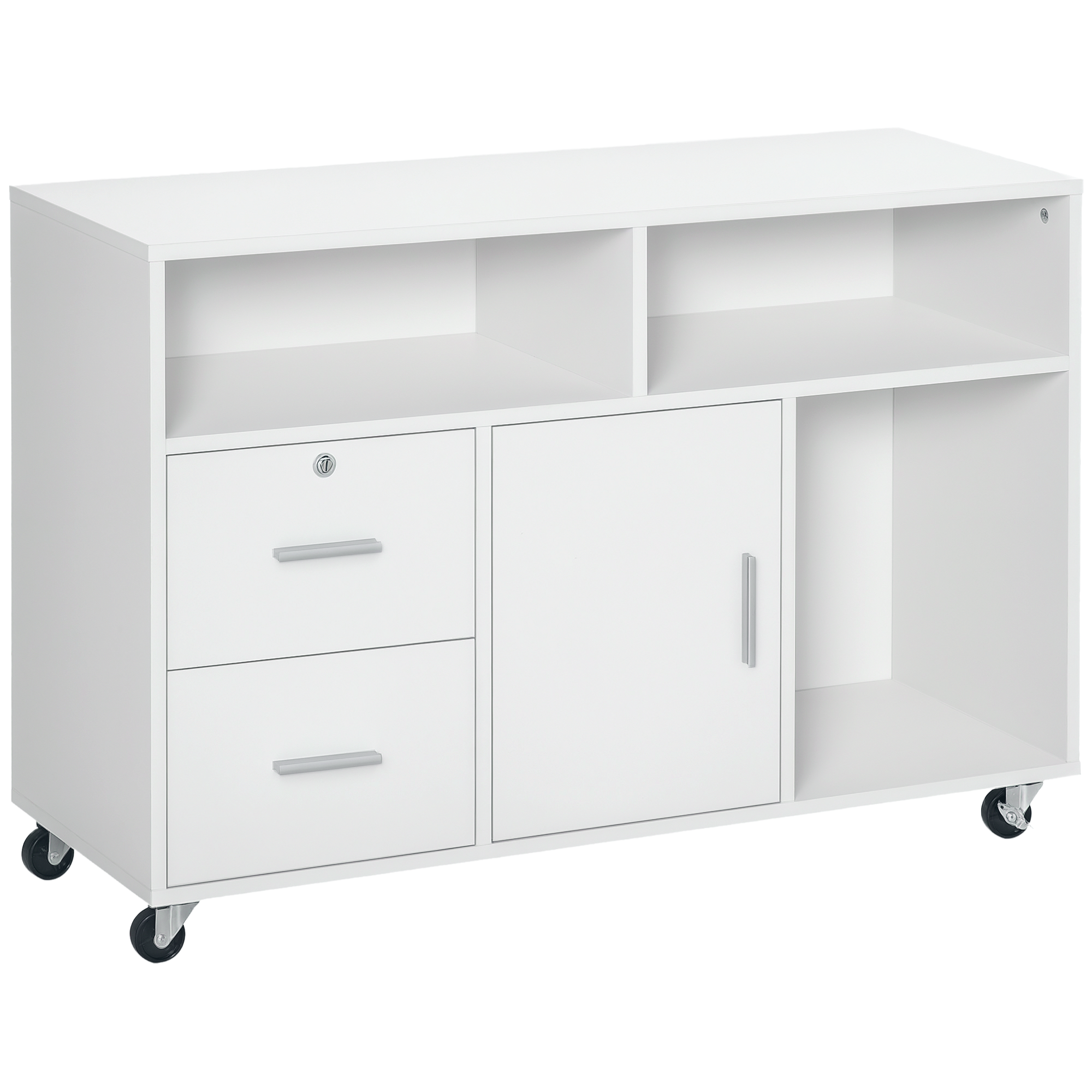 HOMCOM Bürocontainer mit Rollen, Aktenschrank, Büroschrank, Sideboard, Badezimmerschrank für Büro, Küche, Schlafzimmer, Wohnzimmer Spanplatte, Weiß, 100 x 35 x 65 cm