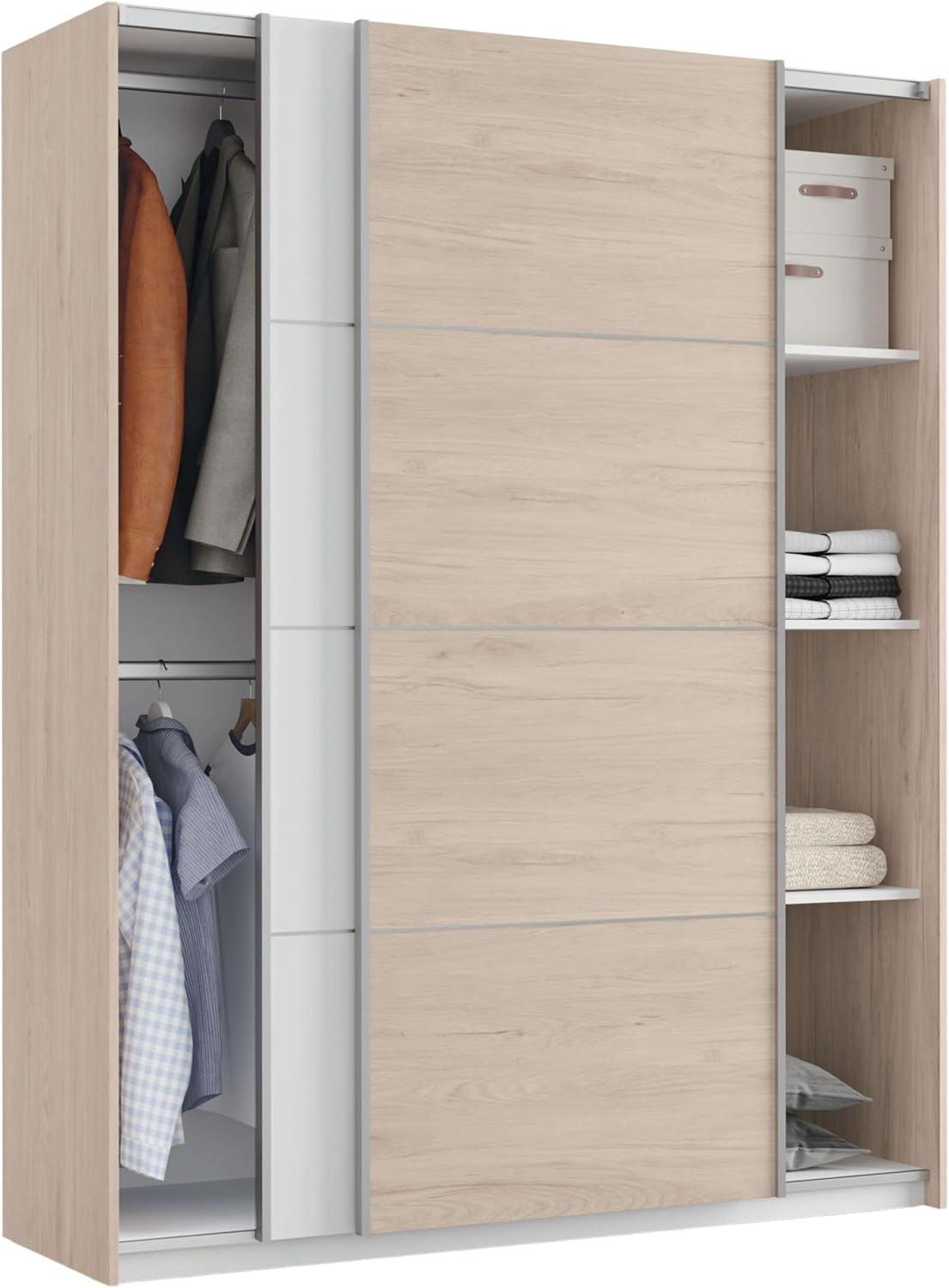 Muebles Pitarch | Armadio da Camera 2 Ante Scorrevoli Profilo Alluminio, 2 Aste, Bianco e Rovere Aurora, 200x150x62 cm (altezza x larghezza x profondità), Moderno, Modello Onix