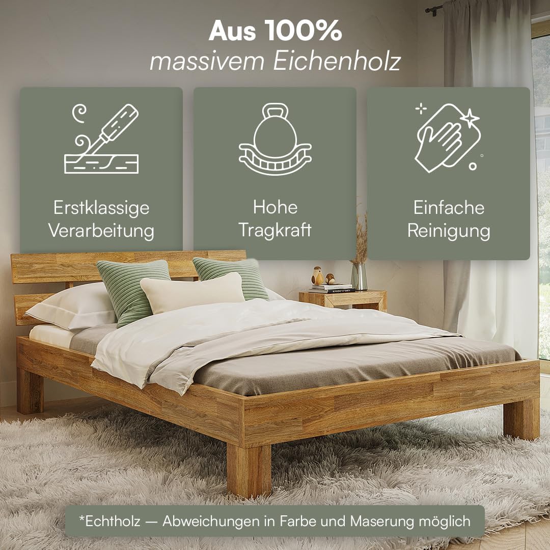 skølm Floki Massivholzbett 140x200 cm aus Eiche - hochwertiges Bettgestell - Bettrahmen mit Bettkopf - Holzbett in Natur geölt - Bett 140x200 cm geeignet als Doppelbett - Futonbett