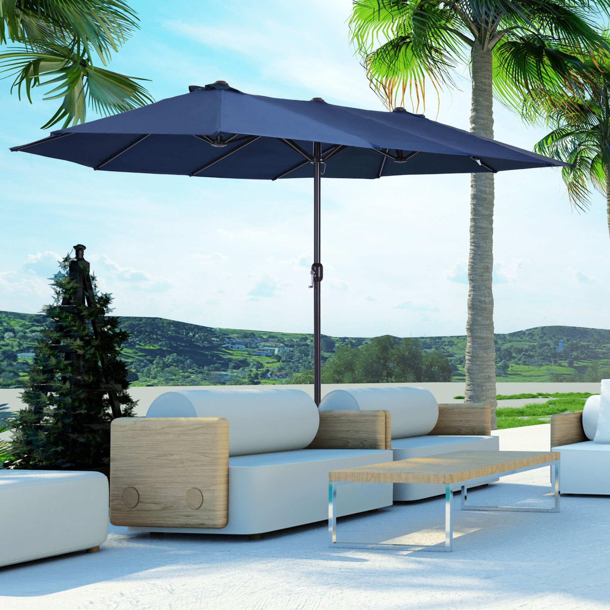 Outsunny Doppelsonnenschirm 455 x 270 cm Gartenschirm mit Handkurbel oval stabil Metallstange Marktschirm Doppelsonnenschirm Terrassenschirm Sonnenschutz für Strand Balkon Terrasse Garten Blau