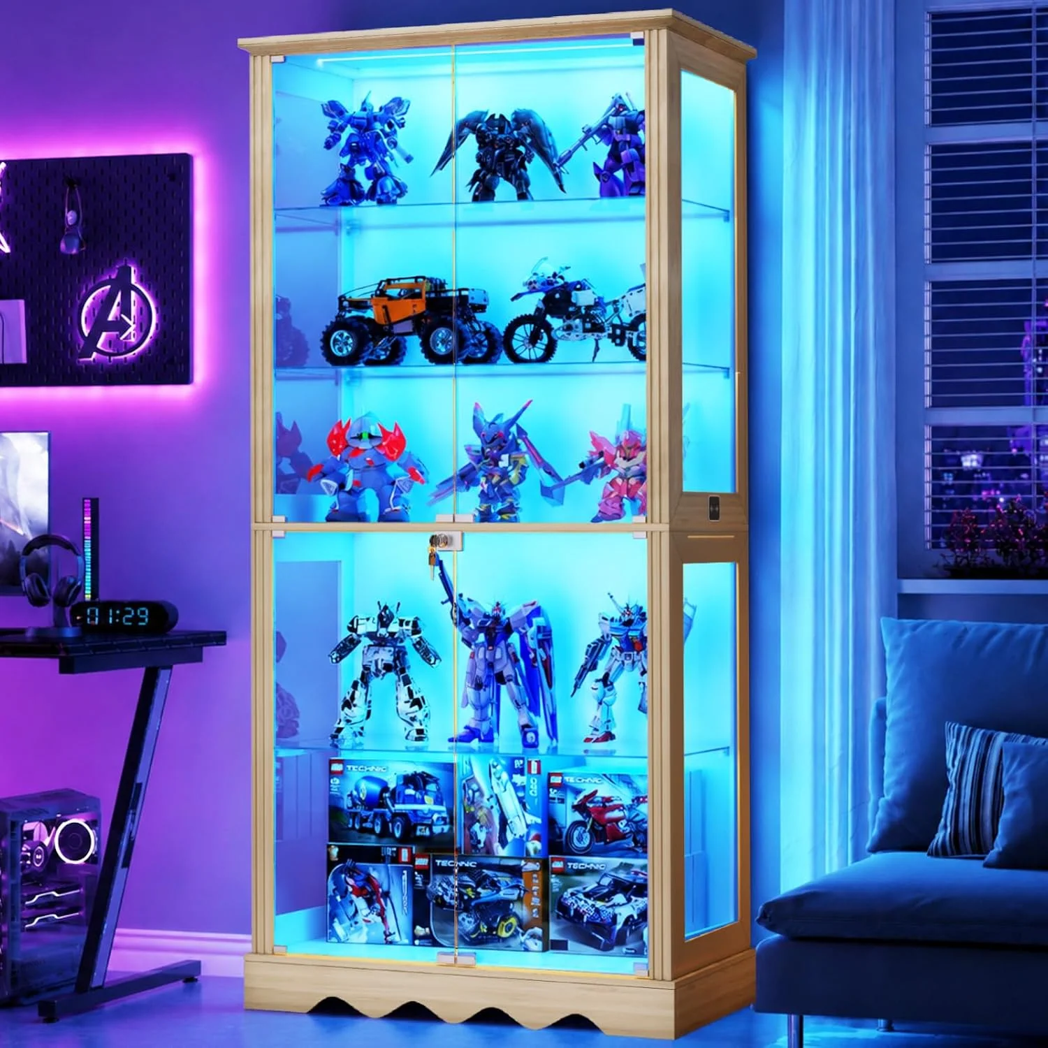 180cm 5-Lagen Glasvitrine mit LED Beleuchtung und Glastüren, Holzfarbe