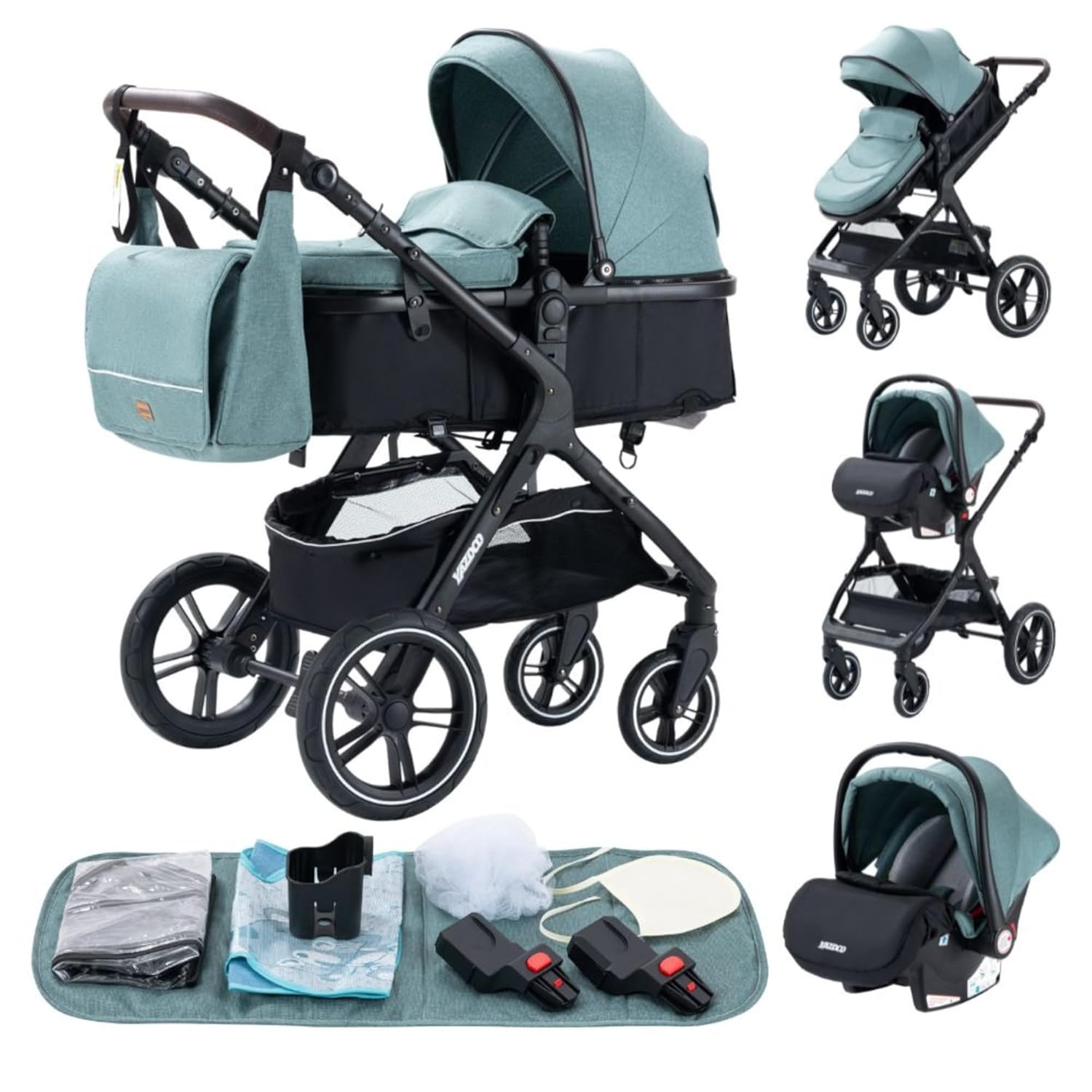 YAZOCO kinderwagen 3 in 1 Buggy Babybett Komplett Set Einem Klick Zusammenklappbarer Kinderwagen, KombiKinderwagen Aluminiumrahmen für Neugeborene Sitzzubehör (1 schwarz)