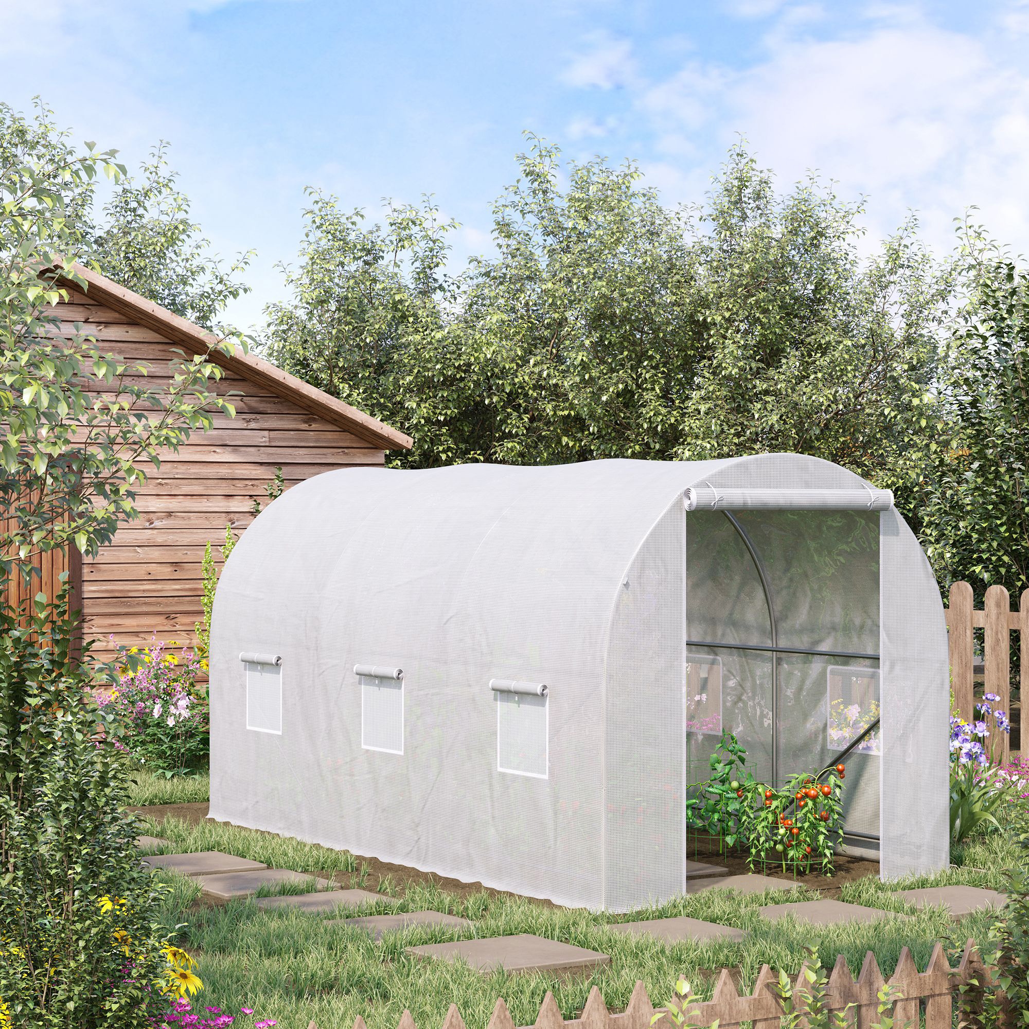 Outsunny Gewächshaus 350x200x200cm Foliengewächshaus Tomatenhaus mit Tür, Fenster, Folientunnel aus verzinktem Stahl, Pflanztunnel, Treibhaus inkl. Erdanker Seilen, Gartentunnel, Weiß