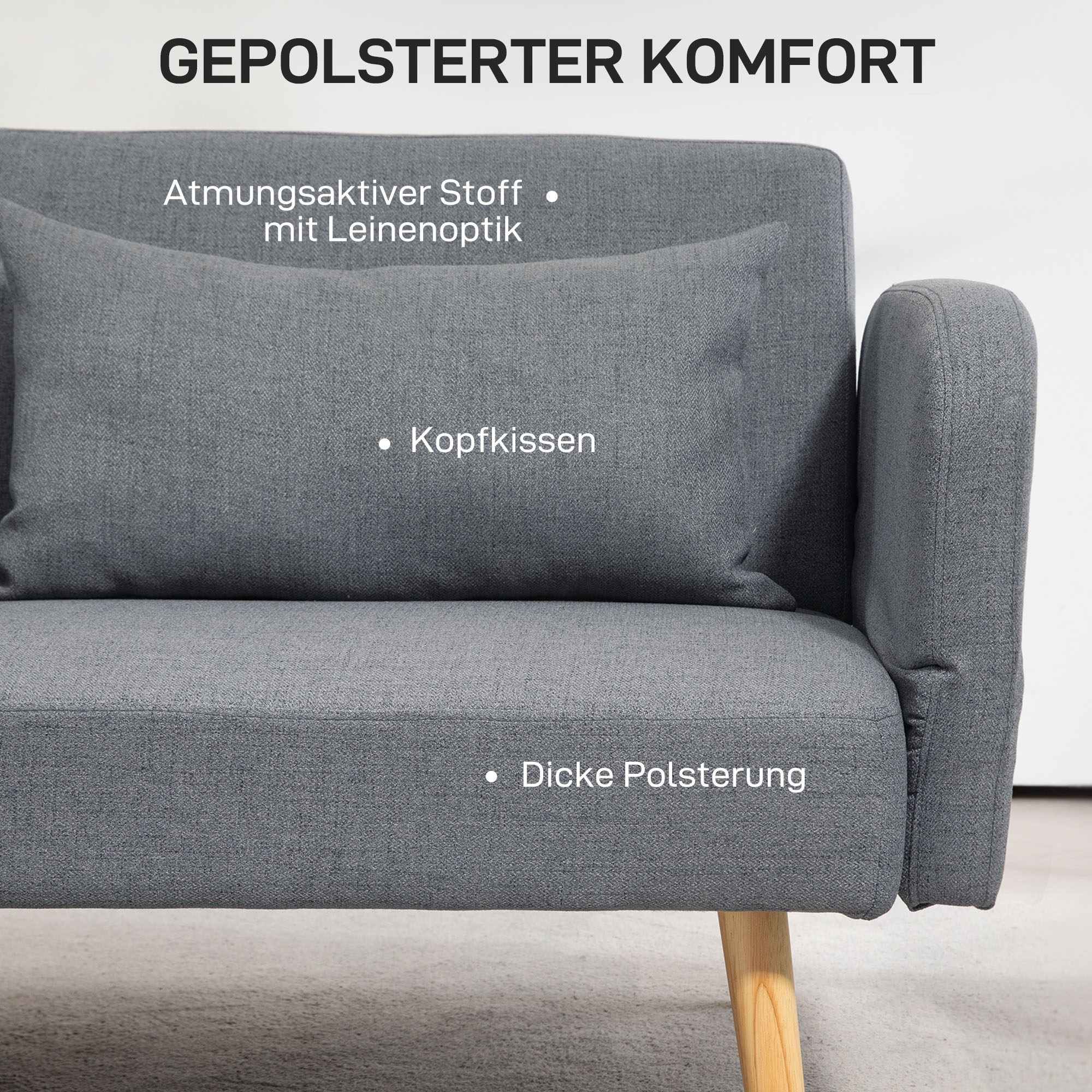 3-Zits Slaapbank, Gasten Tweepersoonsbed, tot 240 kg, Opklapbare Leuningen, Houten Frame, 170 x 83 x 80 cm, Grijs