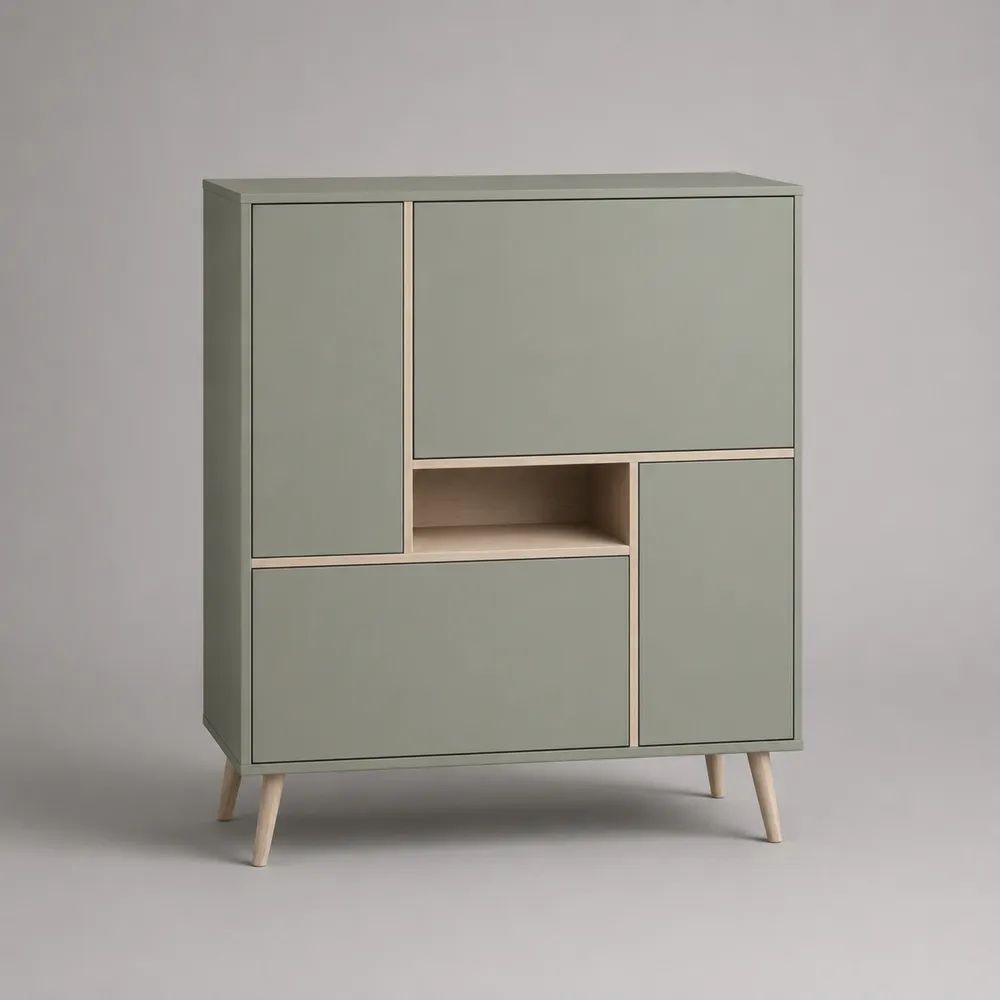 Scarpiera rettangolare a 4 ante in MDF verde salvia ed effetto rovere chiaro, 90 x 35 x 110 cm