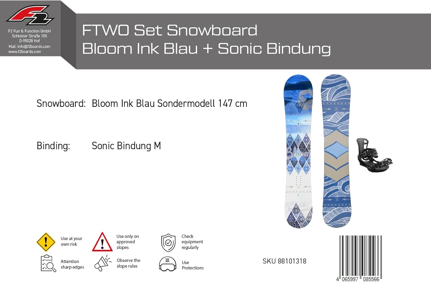 FTWO Set Damen Snowboard Bloom Ink Blau 147cm mit Sonic Bindung M Sale