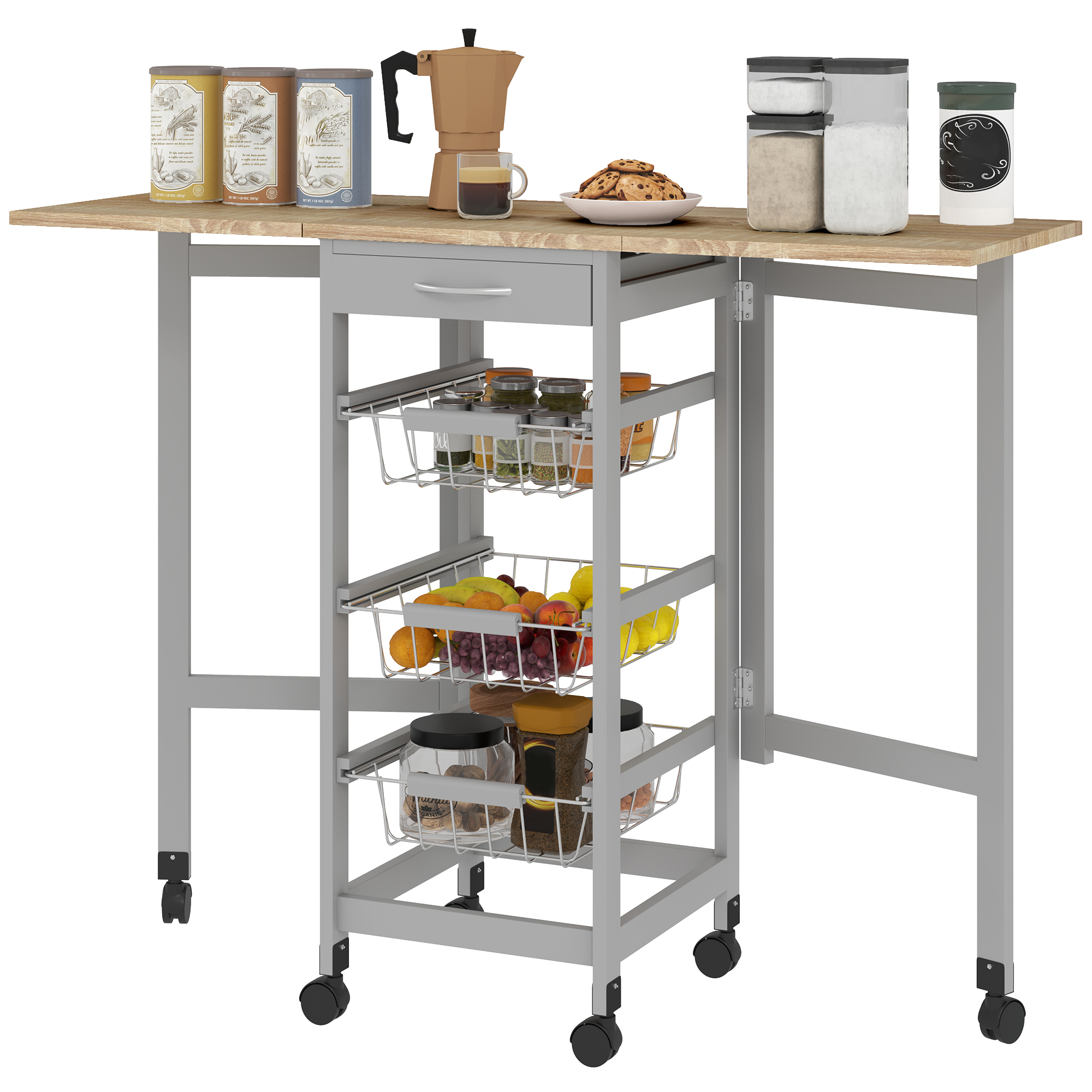 HOMCOM Küchenwagen mit 3 Körben, Schublade und 2 Klappen, aus Holz und Metall, 37x37x77.5 cm, Grau und Eiche