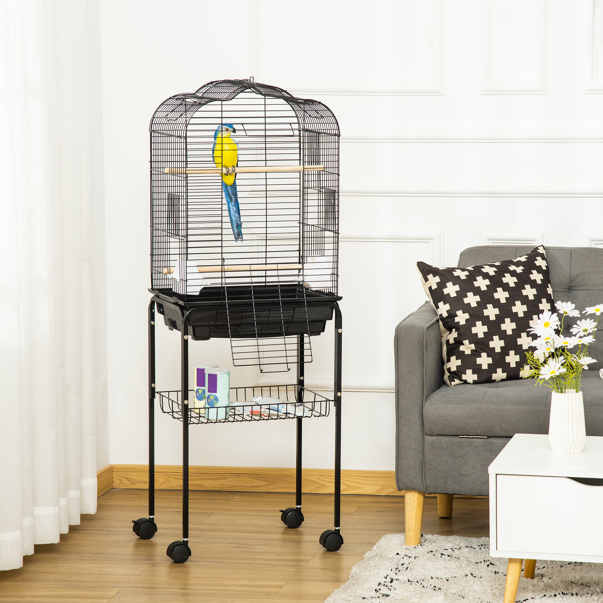 PawHut Vogelkäfig Voliere für Vögel auf Rollen mit aufklappbarem Dach 3 Sitzstangen unteres Regal 46 x 36 x 130 cm Schwarz