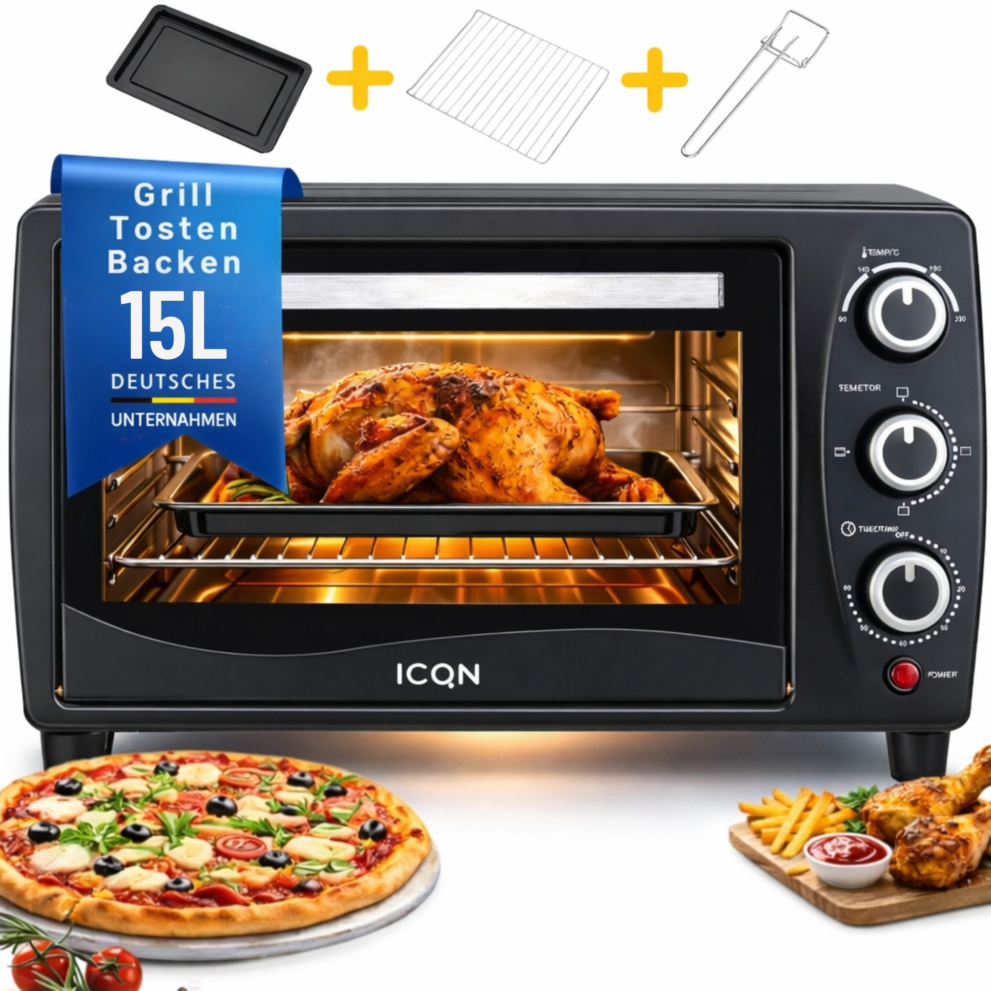 Kleinküche ICQN Minibackofen 15 Liter, 1200W, 90-230°C, 60 min. Timer, Anthrazit
