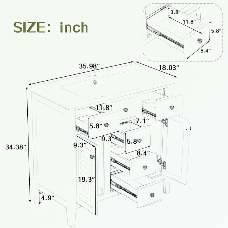 Bathroom Vanity with Ceramic Basin, Two Cabinets and Five Drawers