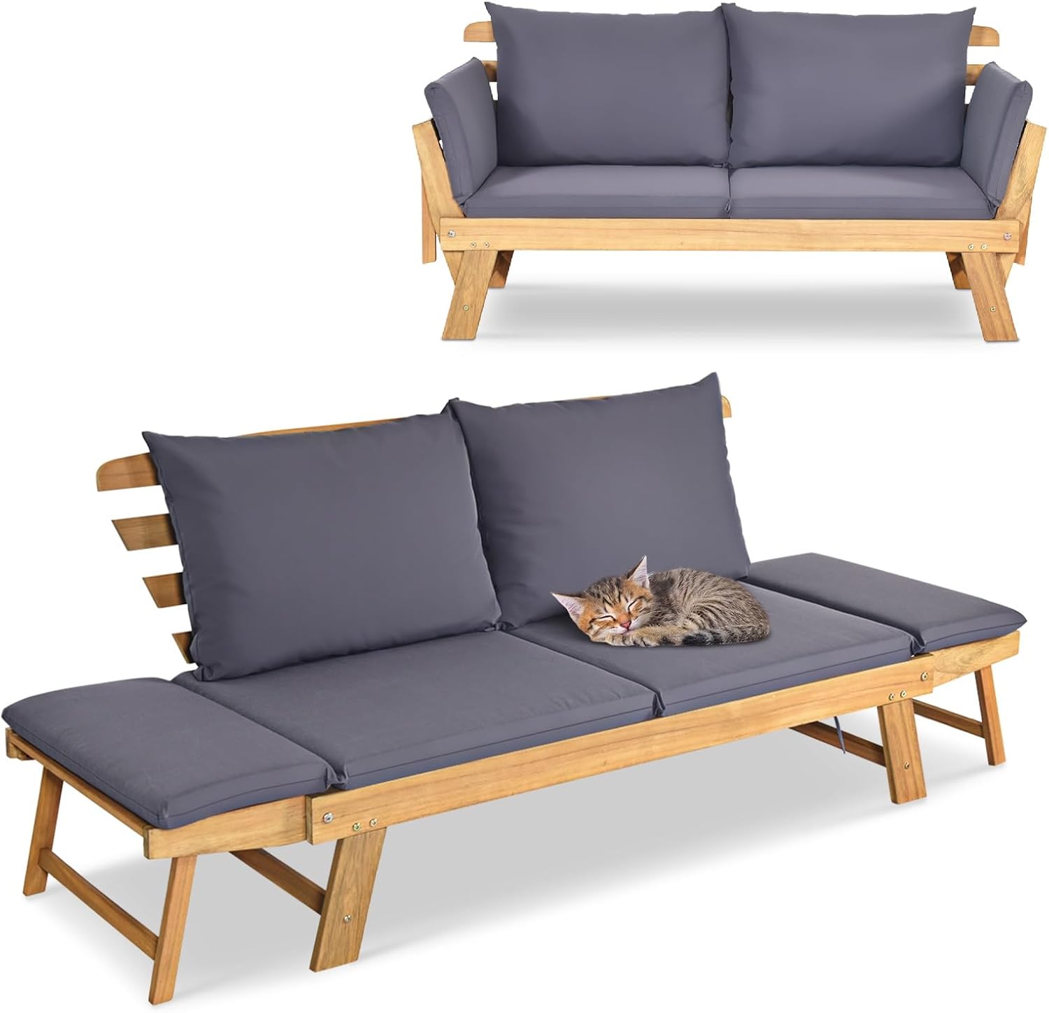 GIANTEX Gartenbank mit Liegefunktion, Gartensofa mit klappbaren Seitenlehnen, Balkonbank mit Auflagen, Sitzbank Outdoor aus Akazienholz, Loungesofa 3-Sitzer, Liegesofa für Balkon Garten Terrasse | 3-in-1-Design