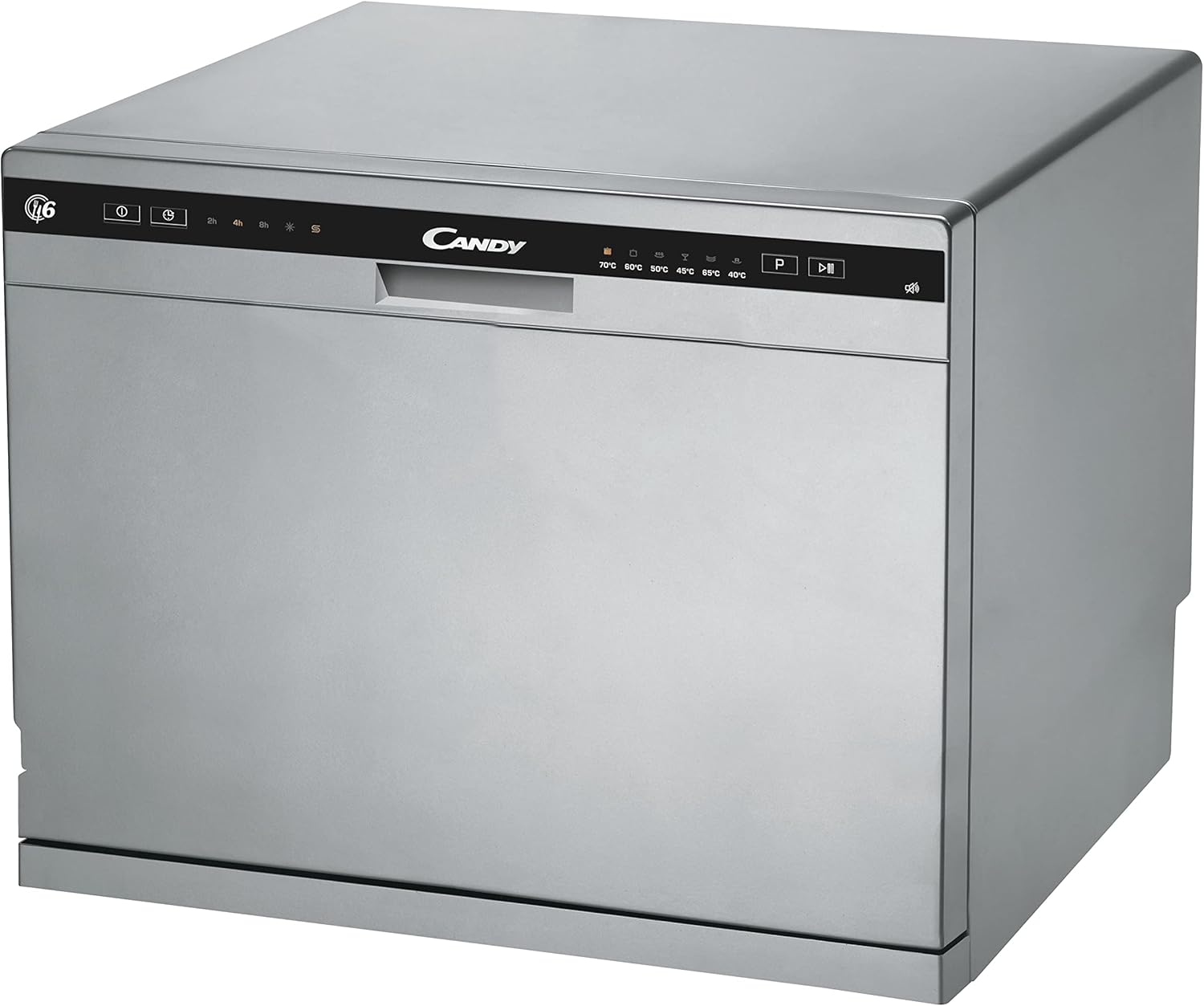 Candy Rapido' CP 6E51LS Lavastoviglie Compatta da tavolo, Libera Installazione, 6 Coperti, 8 Programmi, Ciclo Rapido 35', Partenza ritardata, Classe E, AxLxP 44,3x55x50,1 cm, Silver, Classe E
