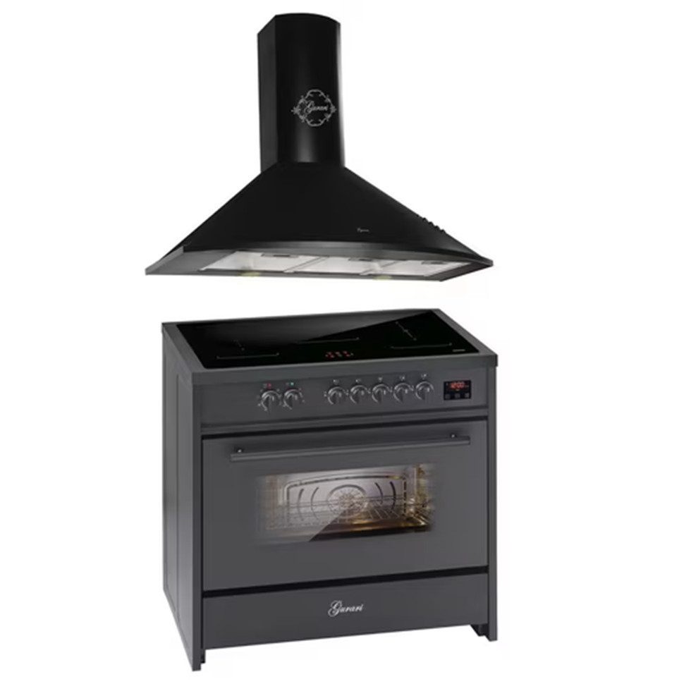 Induktions-Standherd Induktionsherd 90 cm Standherd Schwarz, 5 Kochzonen,Range Cooker 90 cm, 121L+ Dunstabzugshaube 90 cm E 913 BL+GCH 046 Bl 9,.,.