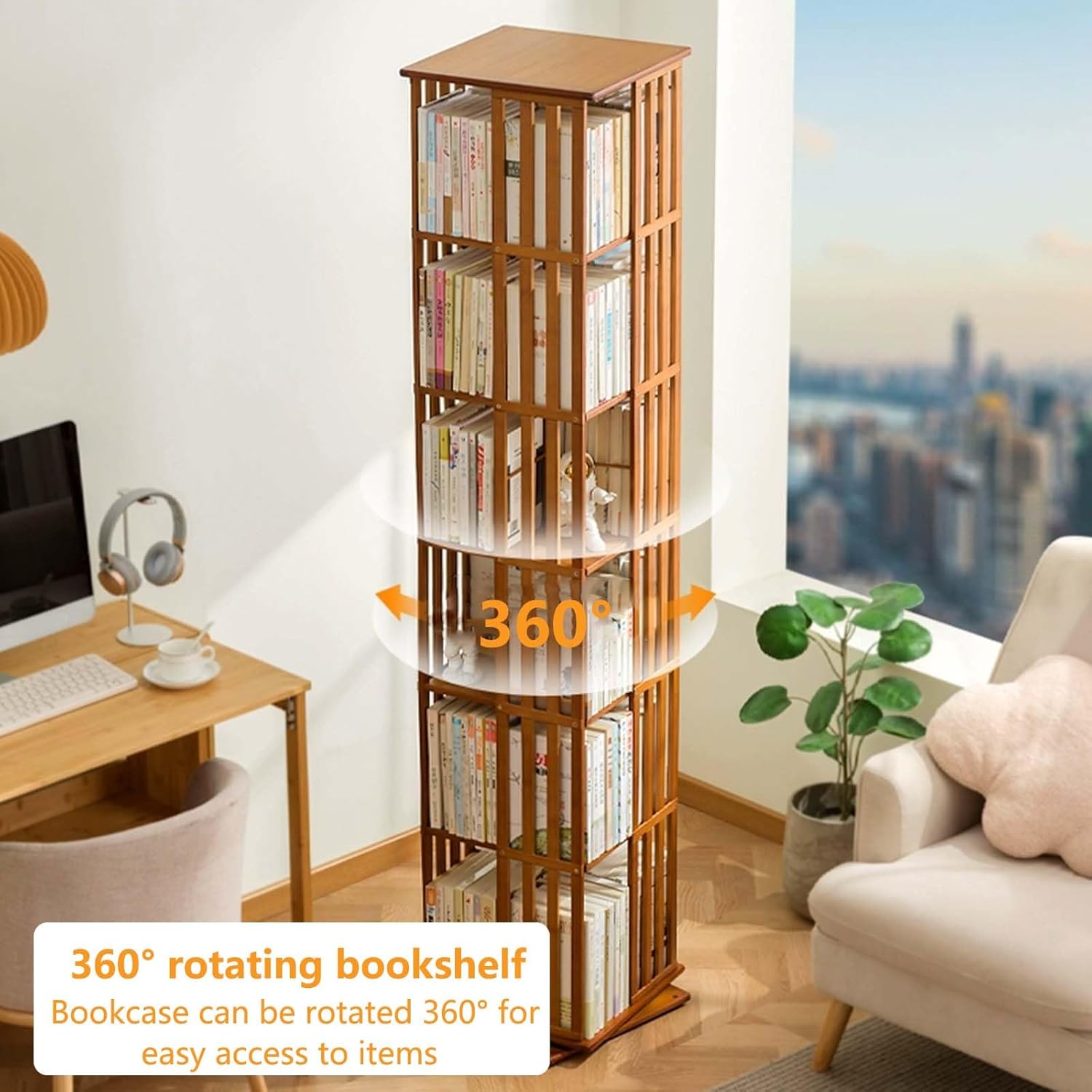 Libreria Girevole a 6 Livelli, Scaffali per Libri con Reggilibri Staccabili, Mobile di Stoccaggio Angolare Scaffale da Espositore per Casa Ufficio