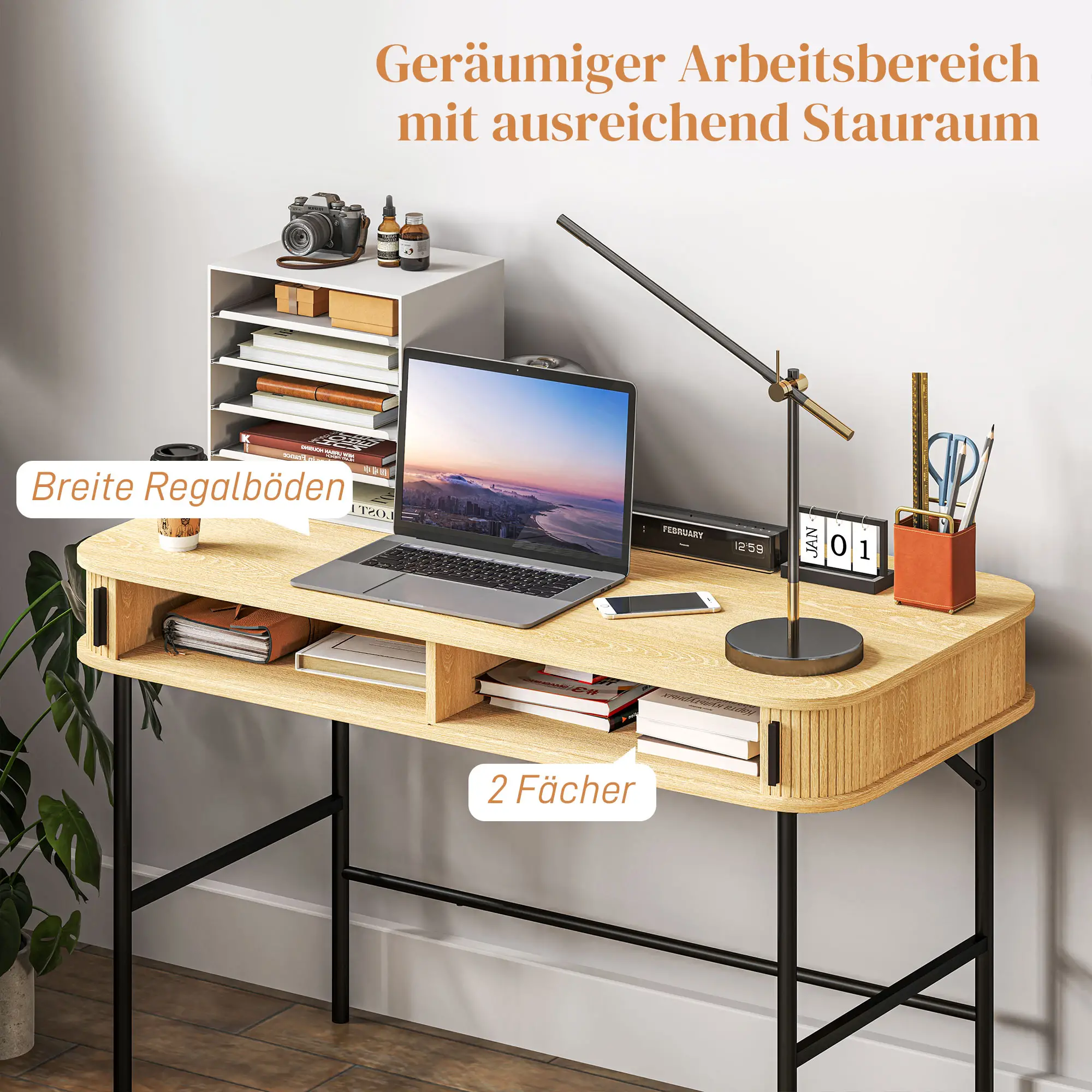 HOMCOM Schreibtisch mit Stauraum Lamellendekor Eiche