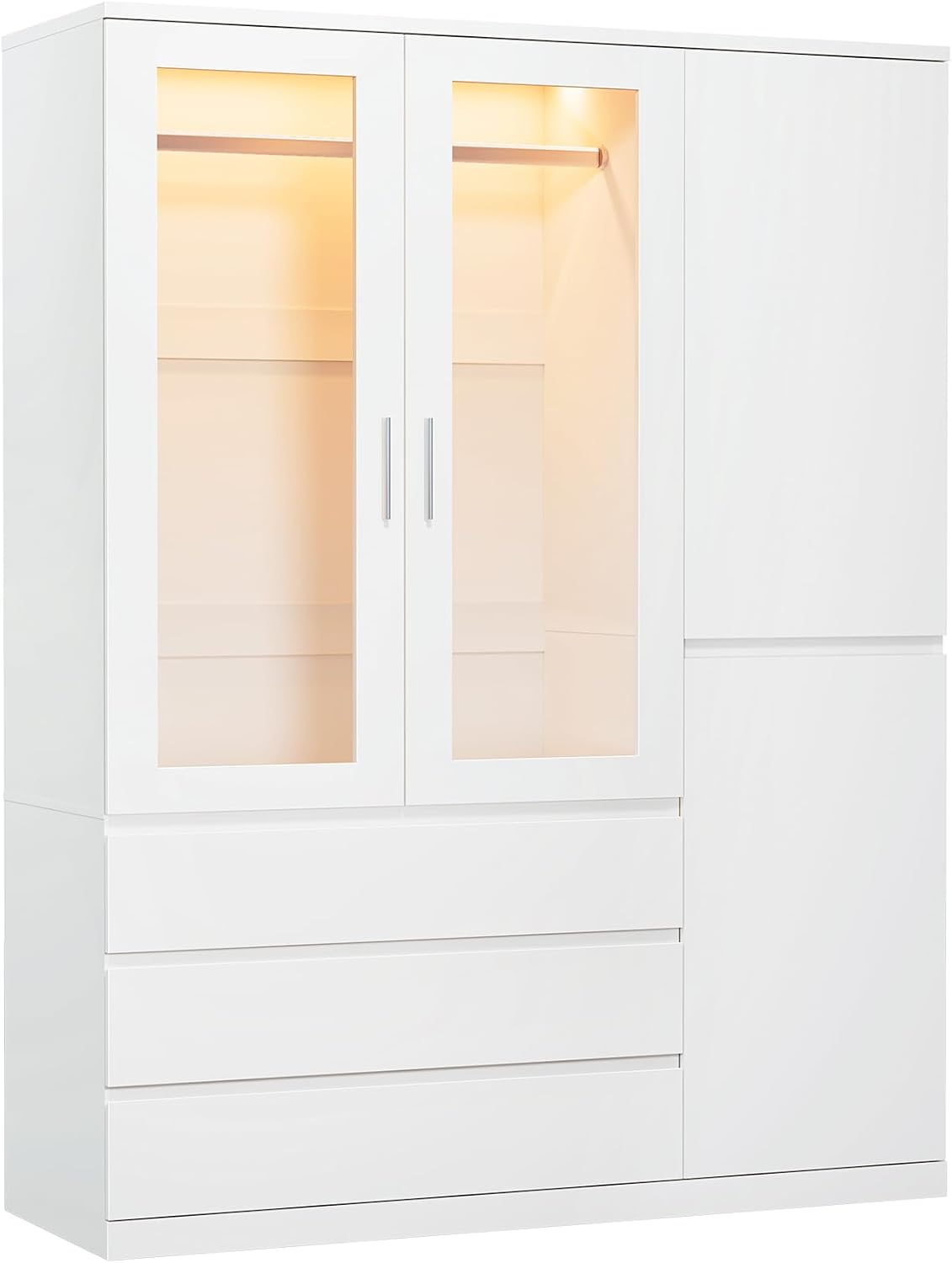 Dripex Vier Tore Schrank, Minimalistischer Wardrobe Closet mit Einer Kleiderstange und 3 Schubladen | 120 x 48 x 180cm | Weiß, Kleiderschrank für Schlafzimmer Kleiderschränke
