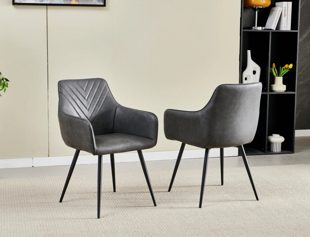 Pair of 2 Stanford Grey Leather Dining Chair Black Leg