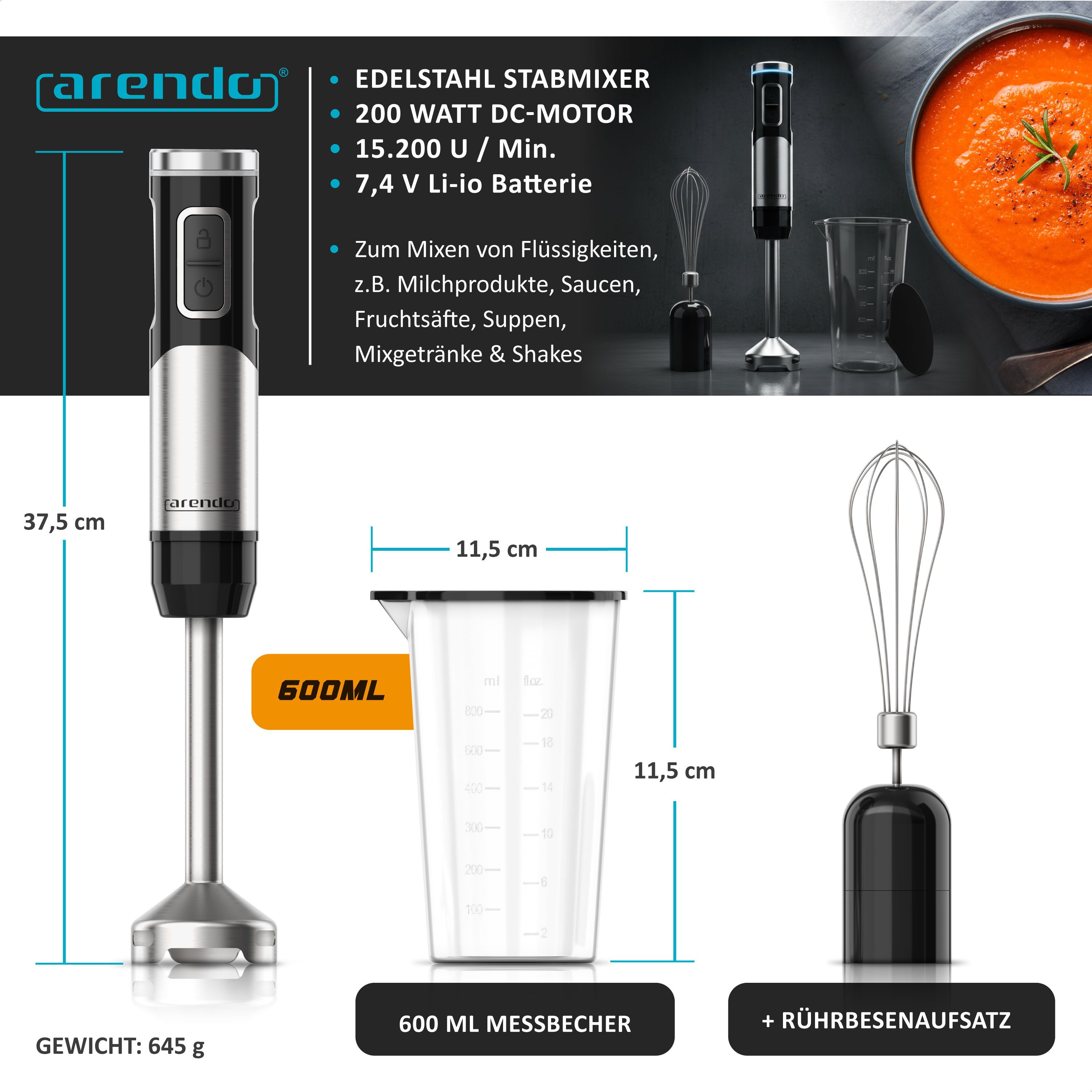 Akku-Stabmixer Edelstahl Pürierstab, Handmixer, stufenlose Regelung, Li-Ionen-Akku