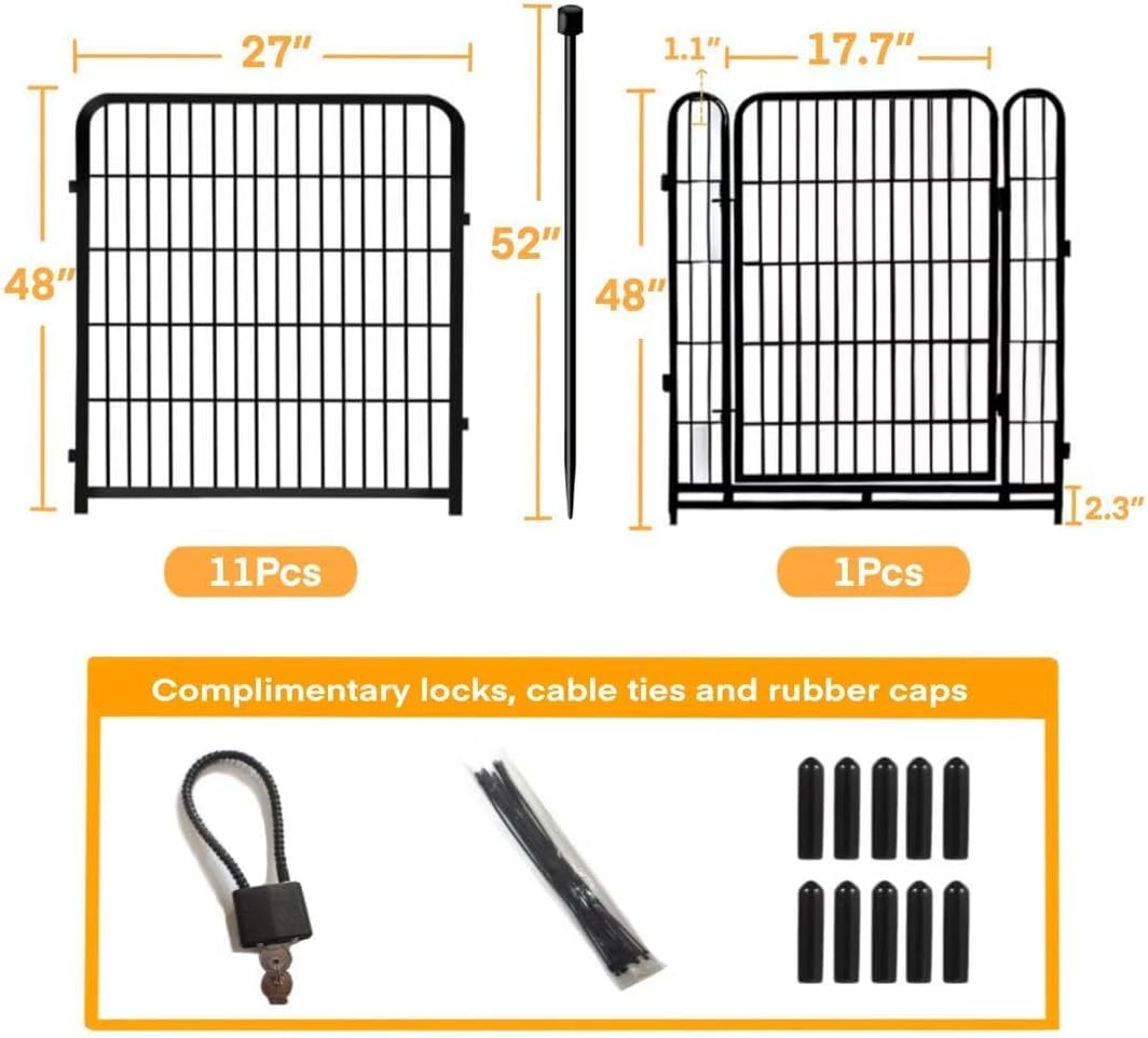 Tall Garden Fence with Gate 48 in(H)×27 in(L) 12 Panels Total 26.6 Ft(L)  Garden Fencing to Keep Dogs Out  Heavy Duty Iron Metal Animal Barrier Fence  Flower Bed Fencing