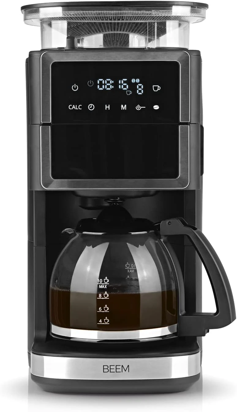 BEEM FRESH-AROMA-PERFECT III Filterkoffiezetapparaat met maalwerk - Duo | Met thermos- & glazen kan | Aroma-Plus-functie | 24-uurs timer | 1000 W | voor maximaal 10 kopjes [roestvrij staal]