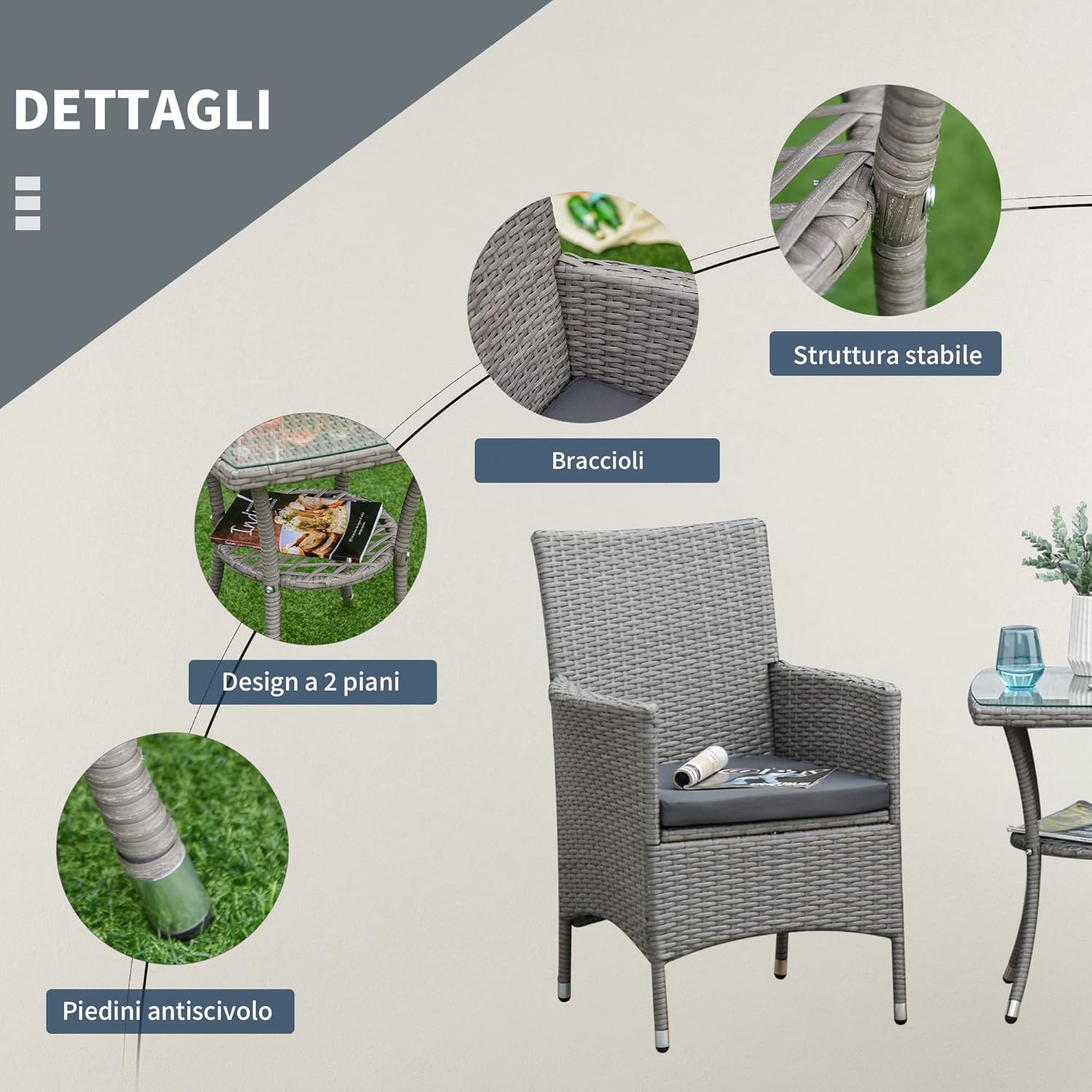 Outsunny Outdoor Garden Set 3 Pieces in PE Rattan and Steel, Set of 2 Chairs with Washable Cushions, Armrests, Coffee Table with Glass Top, Living Room Garden Balcony Patio Courtyard, Grey