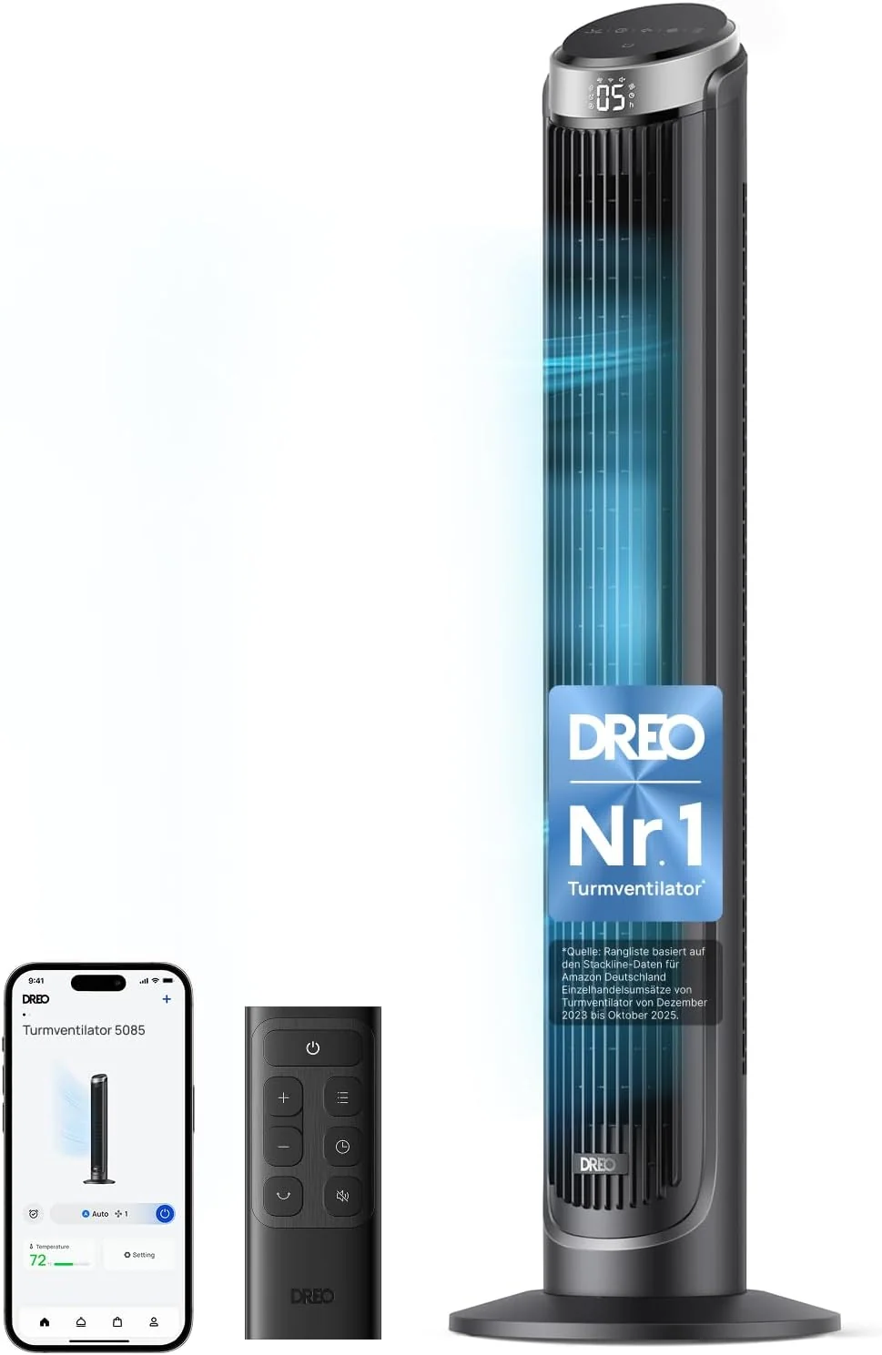 DREO Smart Turmventilator Sehr Leise, 7.9 m/s Windstärke, 90° Oszillierend Standventilator für Schlafzimmer, 5 Stufen, 4 Modi, Alexa, 12H Timer