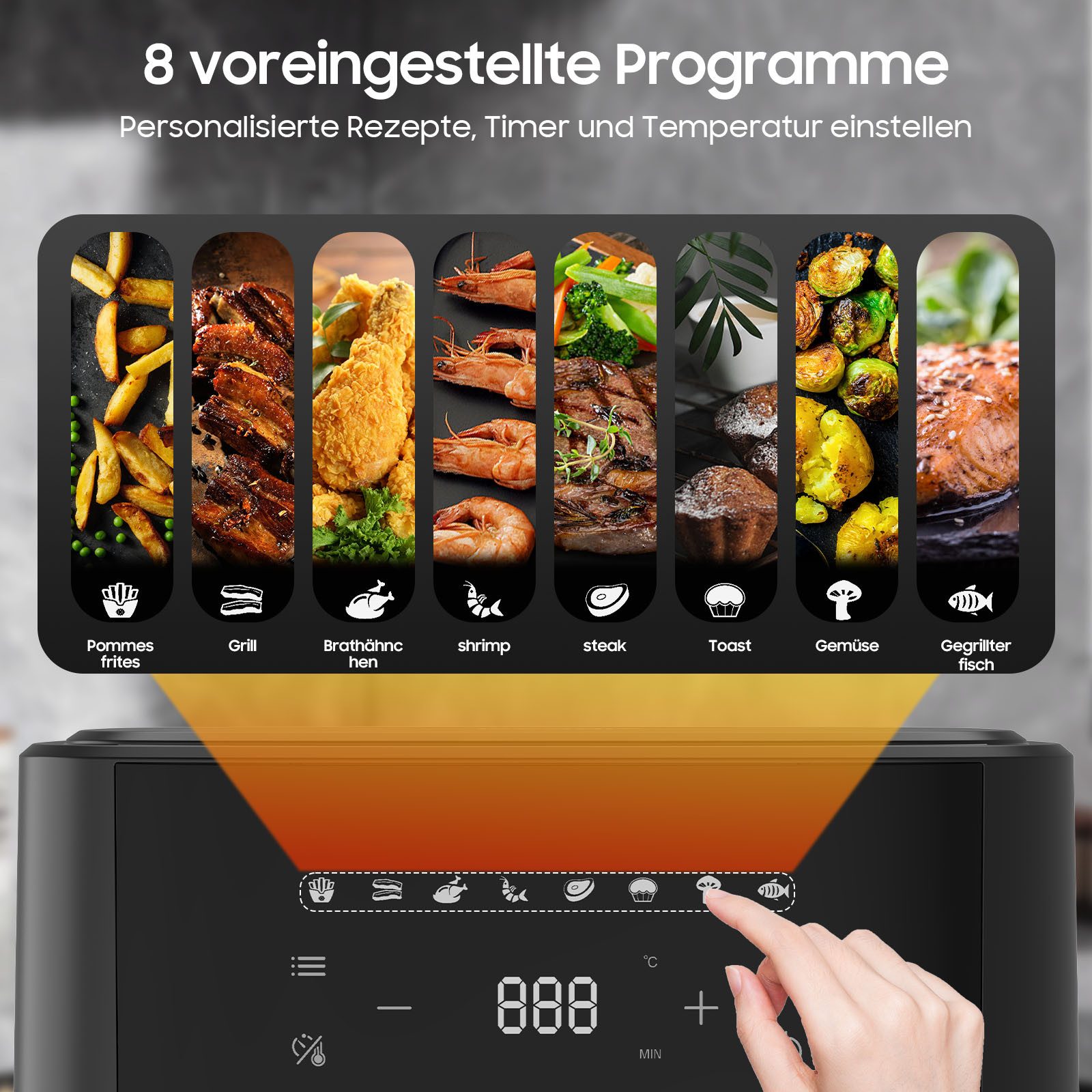 Heißluftfritteuse 6.5l, 8 Kochprogramme, 80 - 200 °C, Antihaft & Spülmaschinenfest, Touchscreen & Rezeptbuch, Schwarz