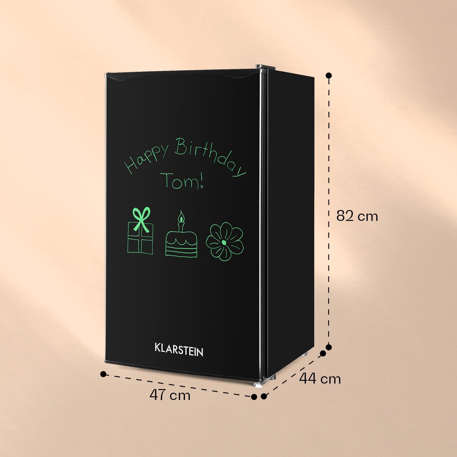 KLARSTEIN Spitzbergen - Frigorifero, Classe Energetica E, Vano Congelatore, Design ZestfulART: Sportello Scrivibile con Pennarello Incluso, 2 Vani sullo Sportello, Nero