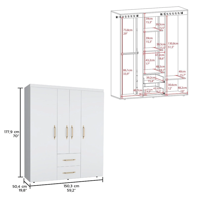 Bariloche Armoire with Hanging Rods, Shelves, 2 Drawers
