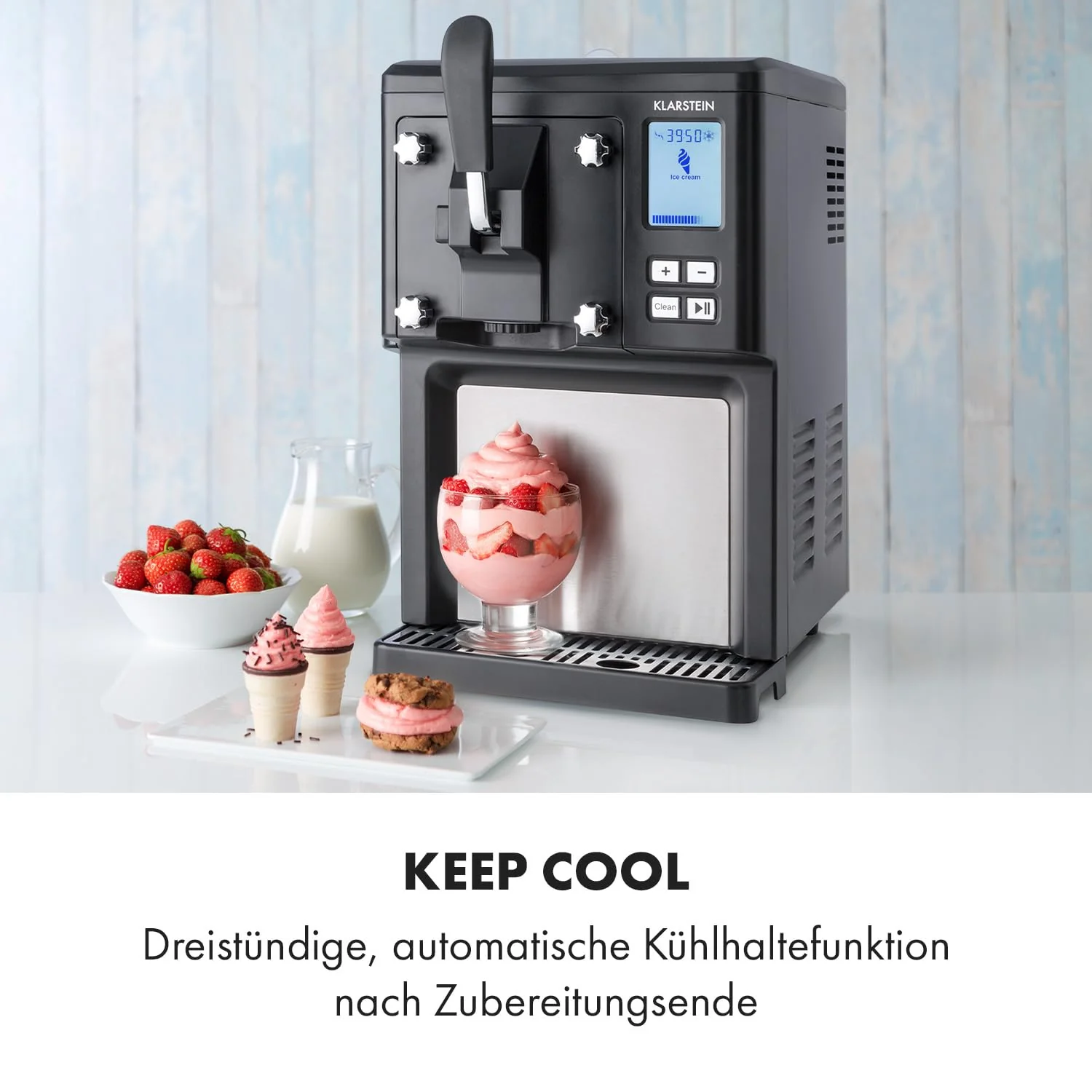 Klarstein Sweet Sundae - macchina per gelato, capacità 1,5 litri, con compressore autocoooling, 200 watt, sistema di erogazione, funzione di mantenimento freddo automatica fino a 3 ore, funzione di pulizia automatica, acciaio inox, colore nero