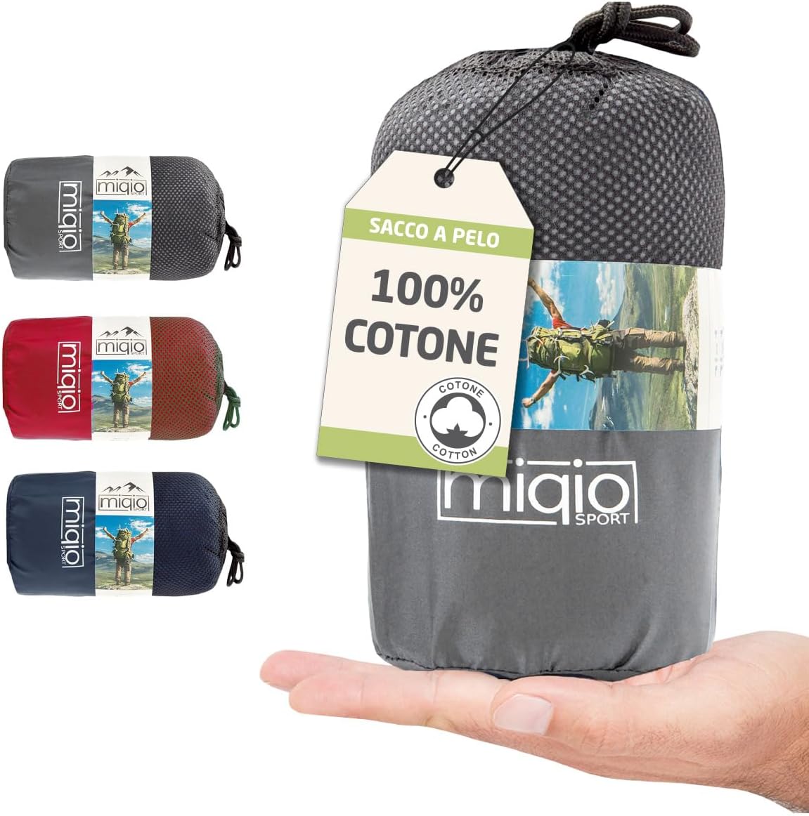 Miqio sacco a pelo in Cotone, lenzuolo da viaggio 2 in 1, XL, con cerniera intera (accoppiabile), sacco a pelo da viaggio ultra piccolo e ultra leggero - ideale per backpacking e cabine