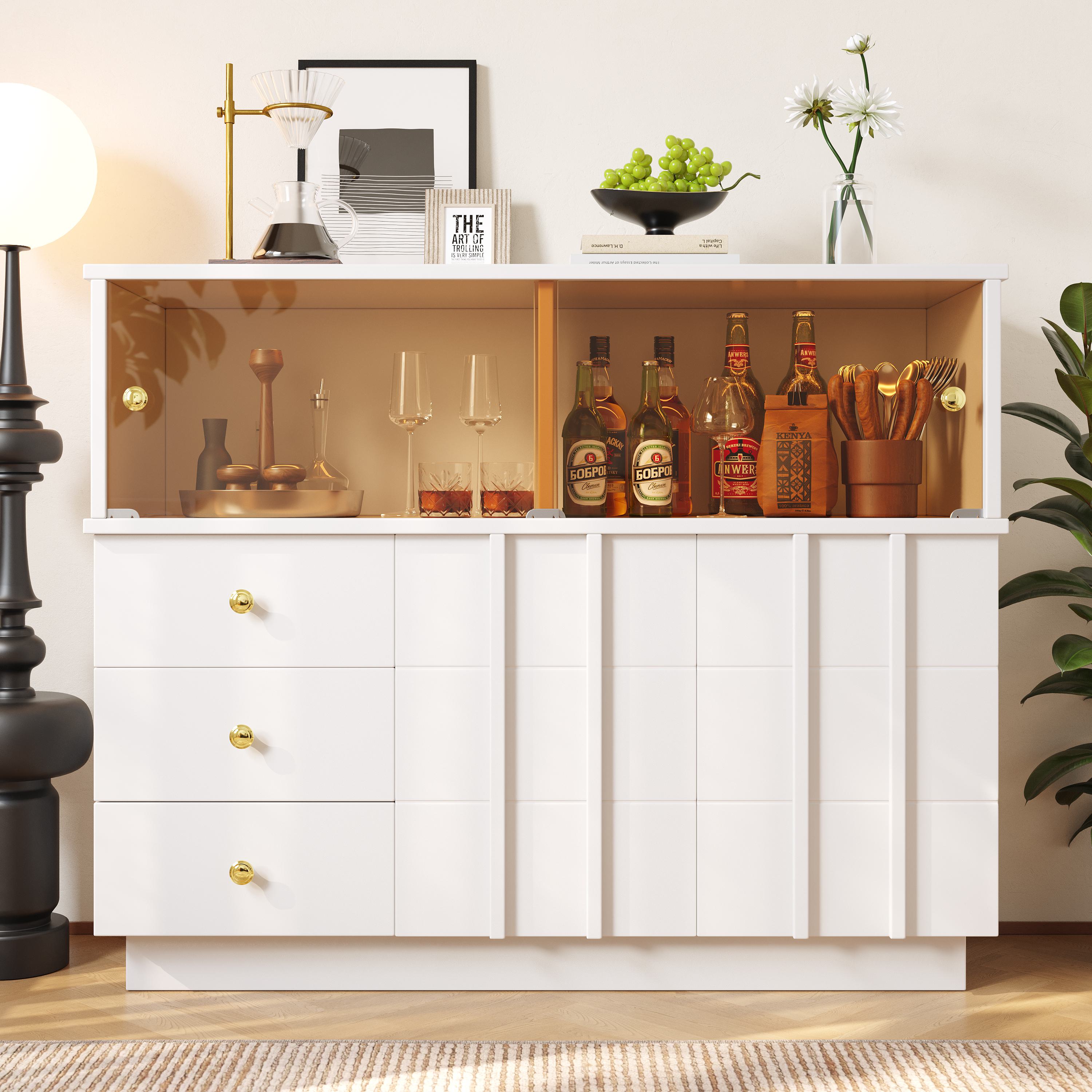Anrichte Küchenschrank 120x95 cm mit Glastüren, Sideboard mit Regalen für Esszimmer und Wohnzimmer, weisser