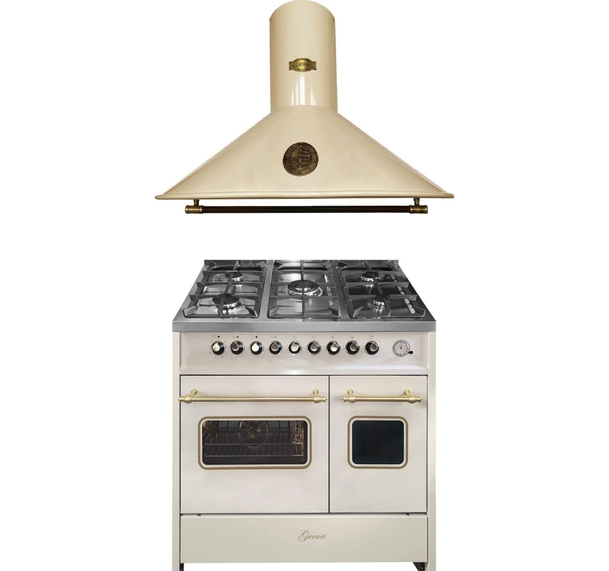 Gasherd-Set Retro-Design Creme Gas Elektro Standherd 90 cm Range Coocker+Dunstabzugshaube Umluft/Abluft • 910 m³/h • 90 cm GCH E 916 Cr R+A 9423 ElfBE ECO.